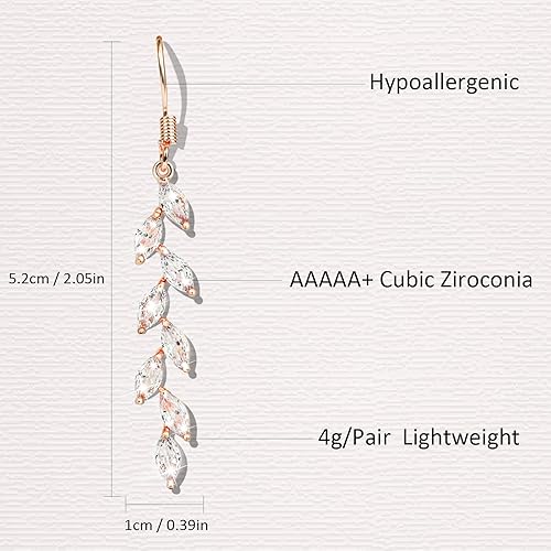 Miniatura 6 de Handmade Rose Gold Leaf Earrings Crystal Wedding Dangle Earrings for Brides Bridesmaid Gift for Women Teen Girls
