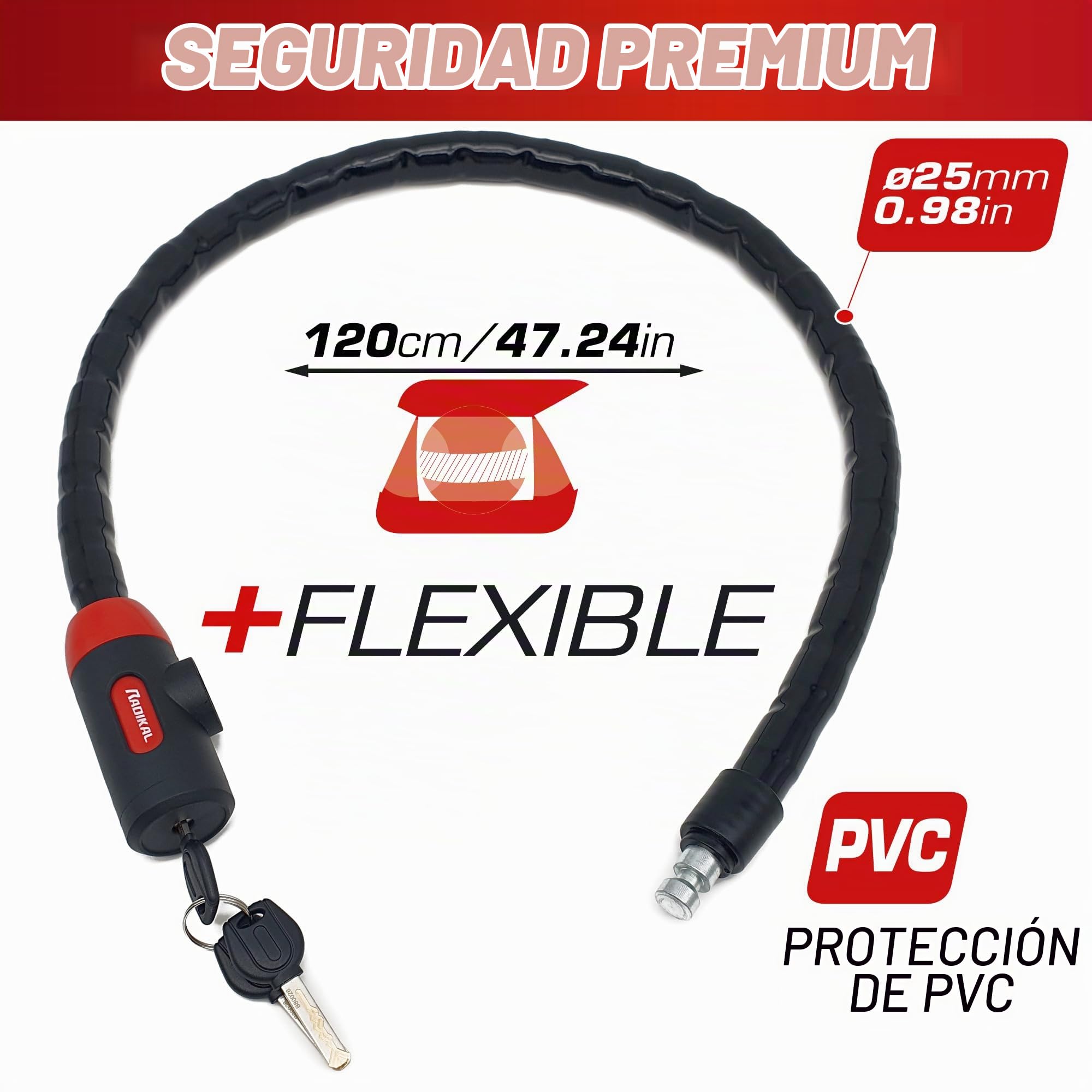 RADIKAL RK520 Candado Pitón Antirrobo Moto, Cable Acero Articulado Blindado, 120cm, Flexible, Cerradura Seguridad, Cadena Pitón Antirobo Universal para Motocicleta, Scooter, Bicicleta Eléctrica