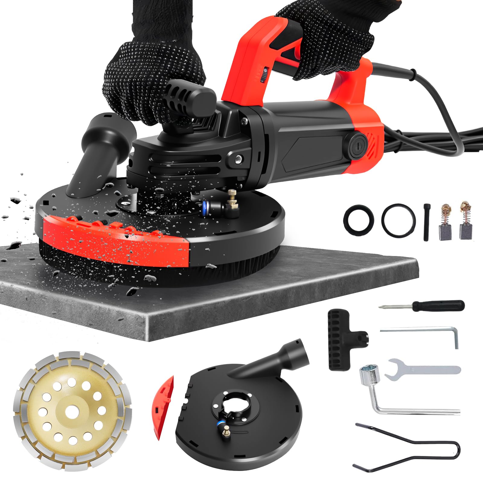 Concrete Grinder Machine, Concrete Floor Grinder, 7 Inch Angle Grinder with Auxiliary Handles Angle Grinder Dust Shroud Diamond Grinding Wheel, 2200W