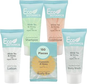 Eco Botanics Hotel Soaps and Toiletries Bulk Set | 1-Shoppe All-In-Kit Amenities for Hotels | 0.85oz Hotel Shampoo & Conditioner, Body Wash, Body Lotion & 0.89oz Bar Soap Travel Size | 150 Pieces