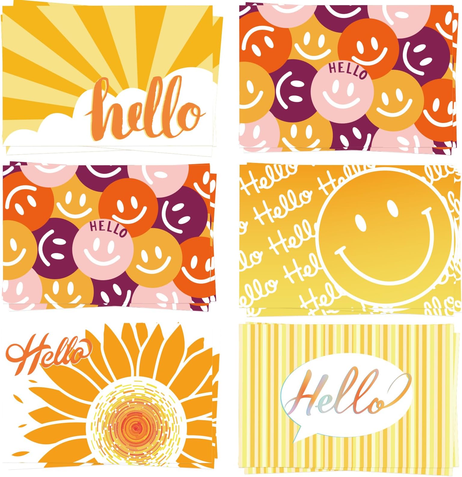 GRADESIN 60 Hello Postcards for Mailing Bulk Blank Greeting Cards 4 x 6 Inch Sunny Sunflower Colorful Smiley Face Post Cards for Kids Adults Teachers Students Assorted Blank Note Cards 5 Hello Designs