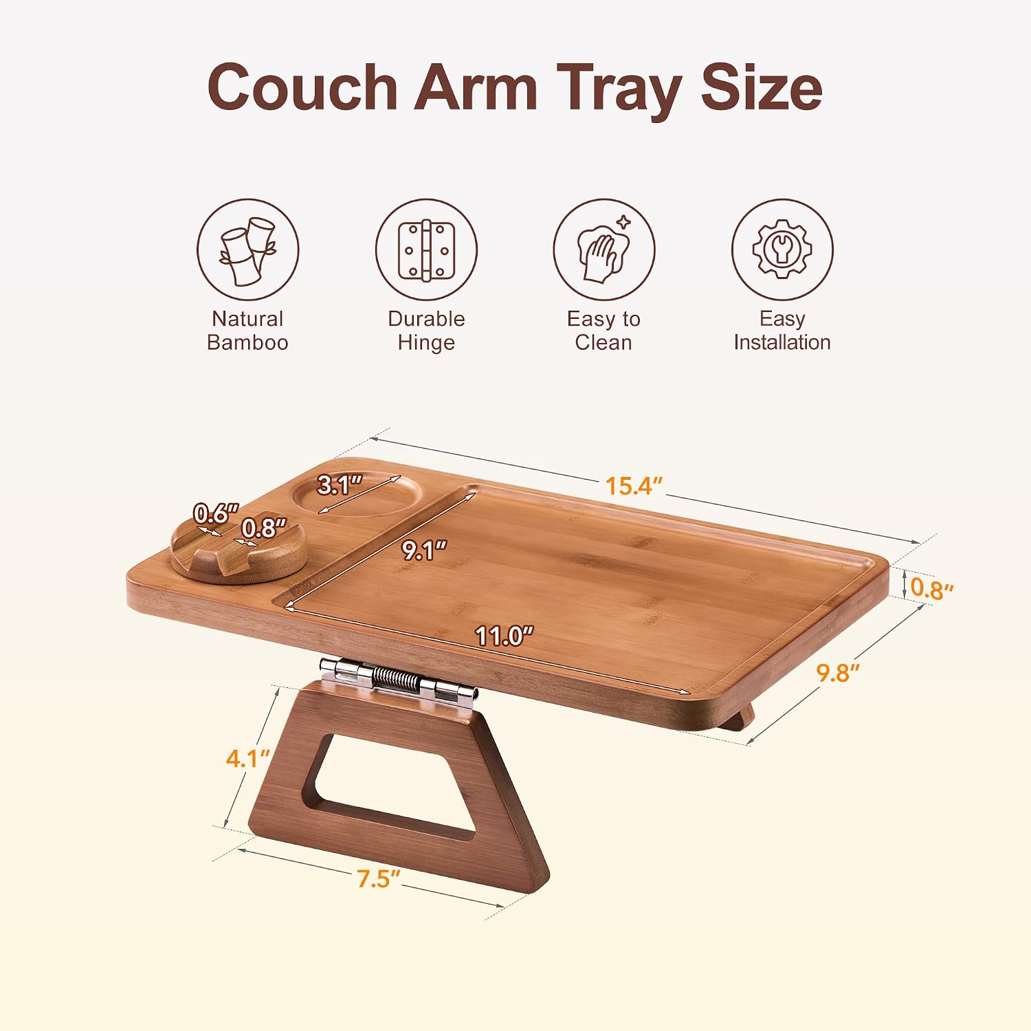 Couch Armrest Table, Bamboo 3-in-1 Clip-On Sofa Arm Tray | 360° Rotating Phone Holder, Cup Holder & Foldable Tray, Fits Most Couch Armrests for Snacks & Drinks 15.4" x 9.8"
