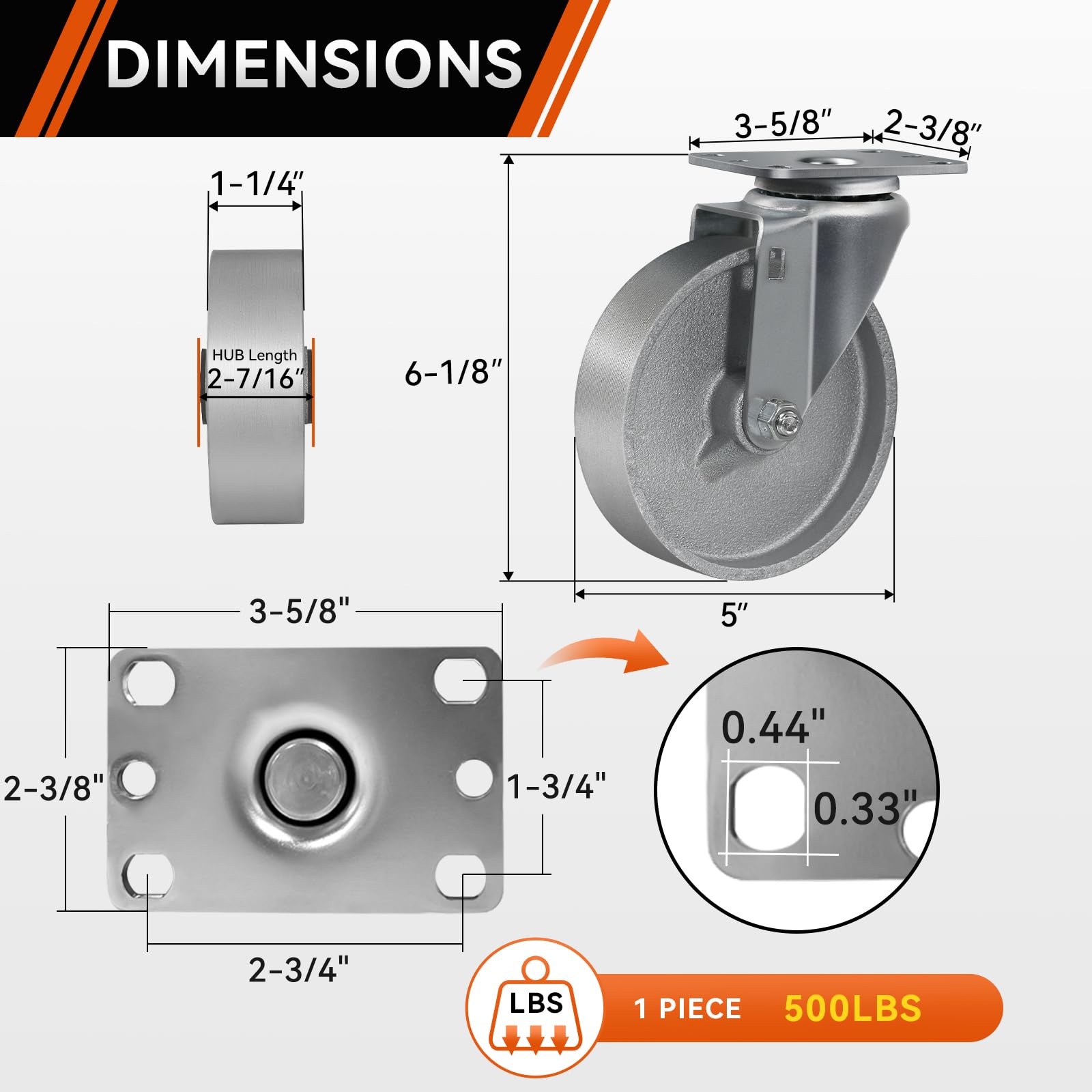 Ruote girevoli in ghisa semi-acciaio, 12,7 cm, set di 4 ruote resistenti con capacità di 907,2 kg, ruote in metallo per carrello da lavoro mobili
