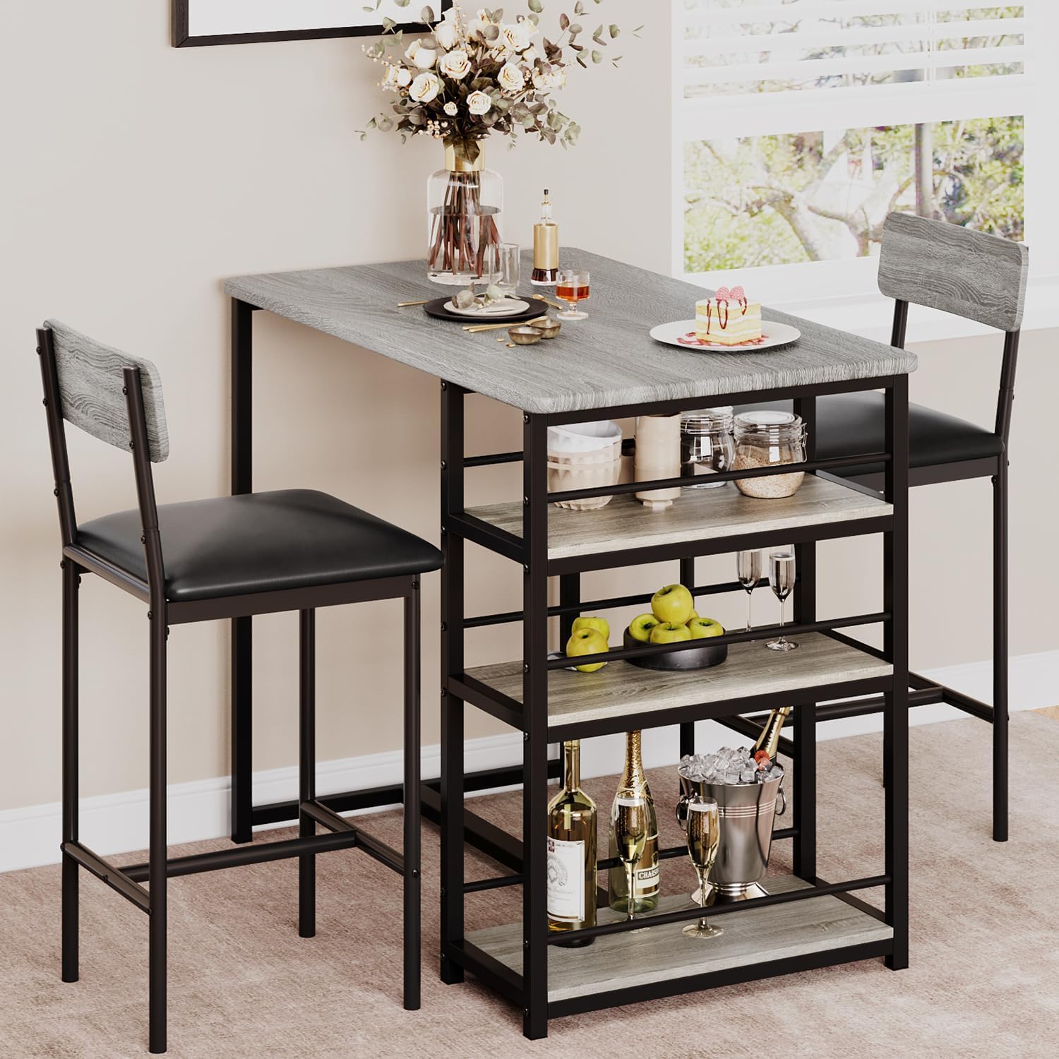 Table Bar Cuisine avec 2 Chaises Rembourré, Table de Bar Bois avec 3 étagères, Ensembles de Salle à Manger pour Cuisine,Petit Espace et Appartement (Gris)