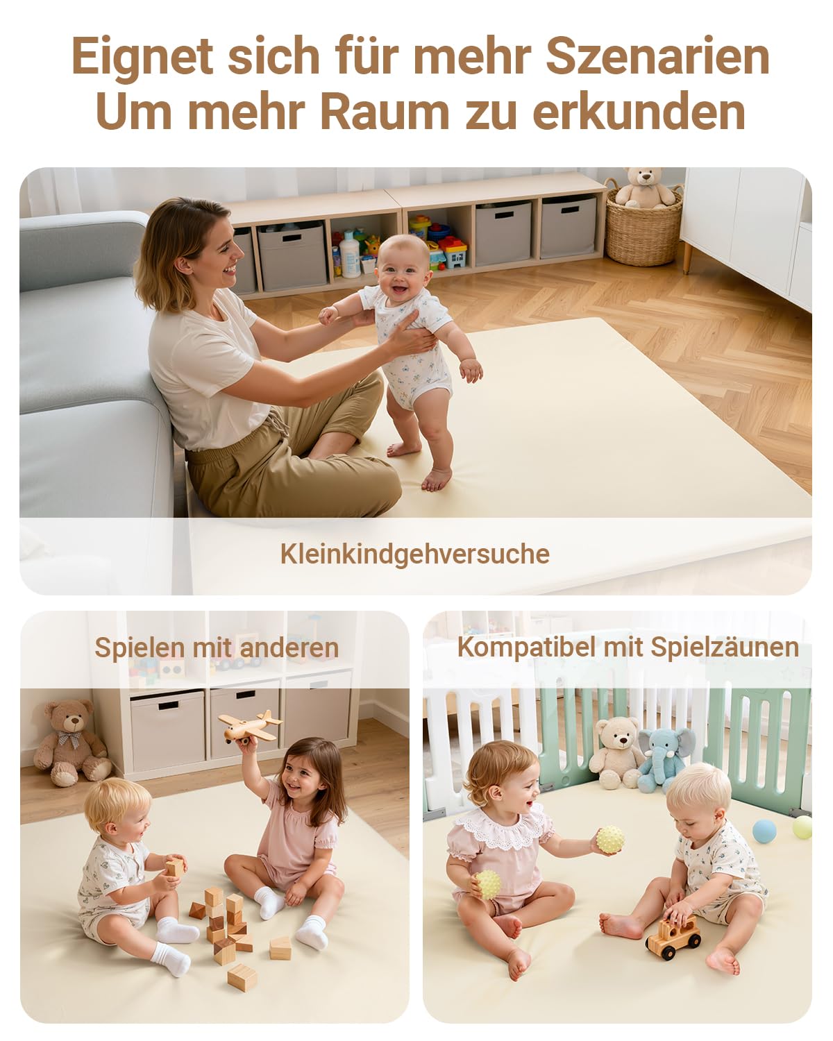 Wasserdicht Krabbelmatte Baby 127x127x3cm,Beige Kunstleder Spielmatte Baby