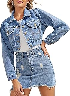 Sponsored Ad - Grabsa Women's Button Down Long Sleeve Cropped Denim Jean Jacket with Pockets