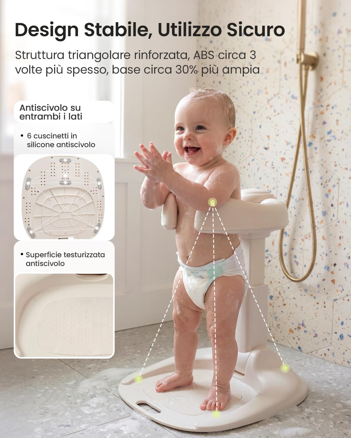 Grownsy Supporto Doccia Bambini in Piedi, dai 6 mesi in su, Supporto per Doccia Bambini Regolabile e Pieghevole con Base Antiscivolo