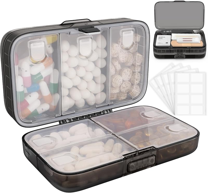 Organizador de pastillas de viaje, Organizador semanal grande de pastillas medicinales-Negro | Estuche para medicamentos hermético a prueba de humedad, fácil de usar, pastillero de 8 compartimentos para vitaminas, aceite de pescado, suplementos, mini primeros auxilios