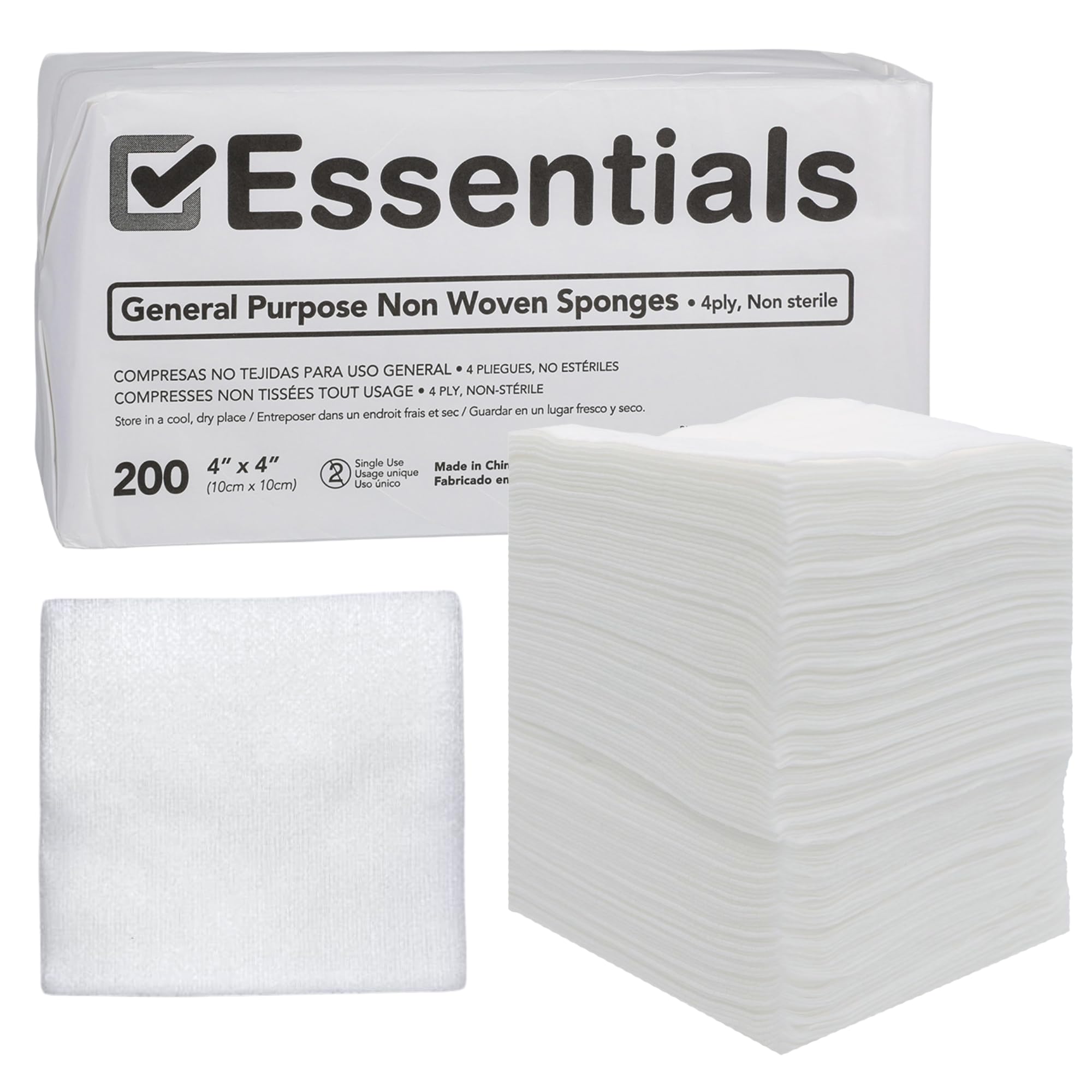 Essentials Non-Sterile Gauze Sponges - 200 Count, 4-Ply, 4'' x 4'' Pads, Non-Woven, Wound Care Product for First Aid Kit/Medical Facilities