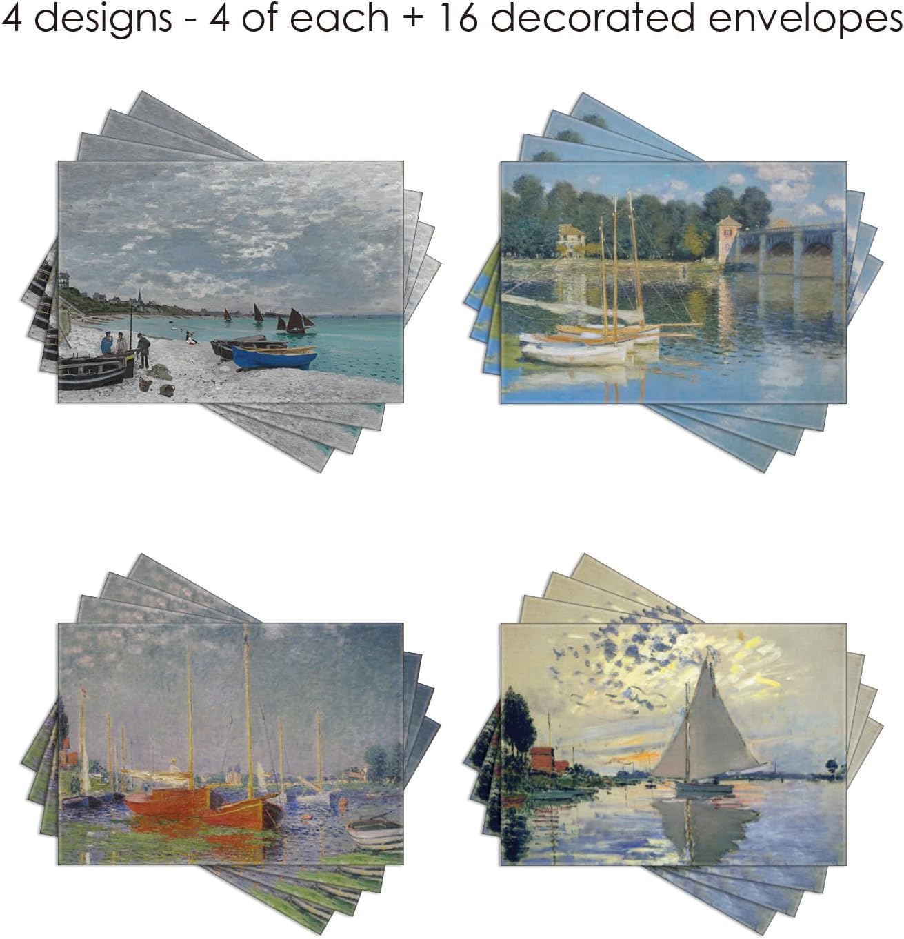 RainCaper Fine Art Keepsake 5x7 Blank Stationery Claude Monet Greeting Note Cards With Decorative Envelopes, Gift Boxed Set of 16 | 300 GSM Cardstock (Monet Boats)