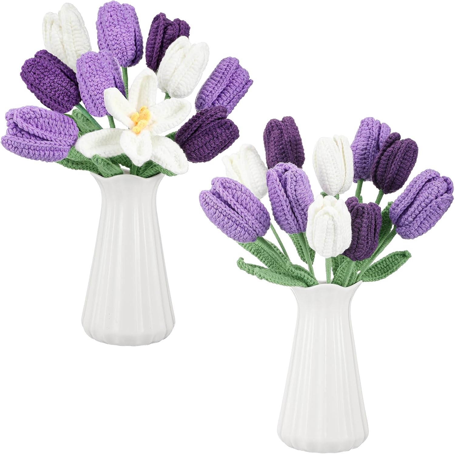 Shihanee 10 Pack Handmade Tulip Crochet Flowers Bouquet - Purple White Knitted Artificial Tulips 13.7" Stems for Valentine's Gifts, Teacher Appreciation, Spring Vase Centerpieces