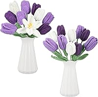 Shihanee 10 Pack Handmade Tulip Crochet Flowers Bouquet - Purple White Knitted Artificial Tulips 13.7" Stems for Valentine's Gifts, Teacher Appreciation, Spring Vase Centerpieces