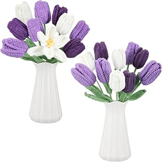Shihanee 10 Pack Handmade Tulip Crochet Flowers Bouquet - Purple White Knitted Artificial Tulips 13.7" Stems for Valentine's Gifts, Teacher Appreciation, Spring Vase Centerpieces