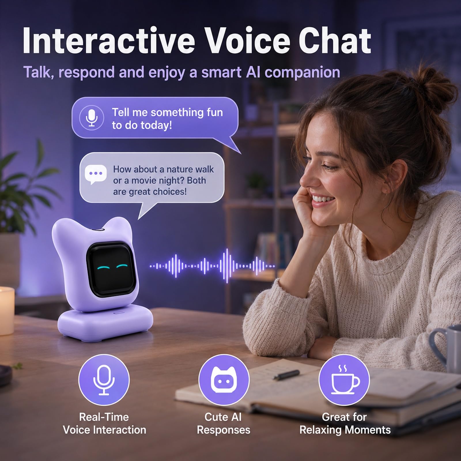 Robot De Escritorio Con Ia: Mascota Electrónica Inteligente Con Chat De Voz Y Emociones Dinámicas. Un Gadget Tecnológico Interactivo, Creativo E Inteligente, Ideal for Escritorio Del Hogar(White)