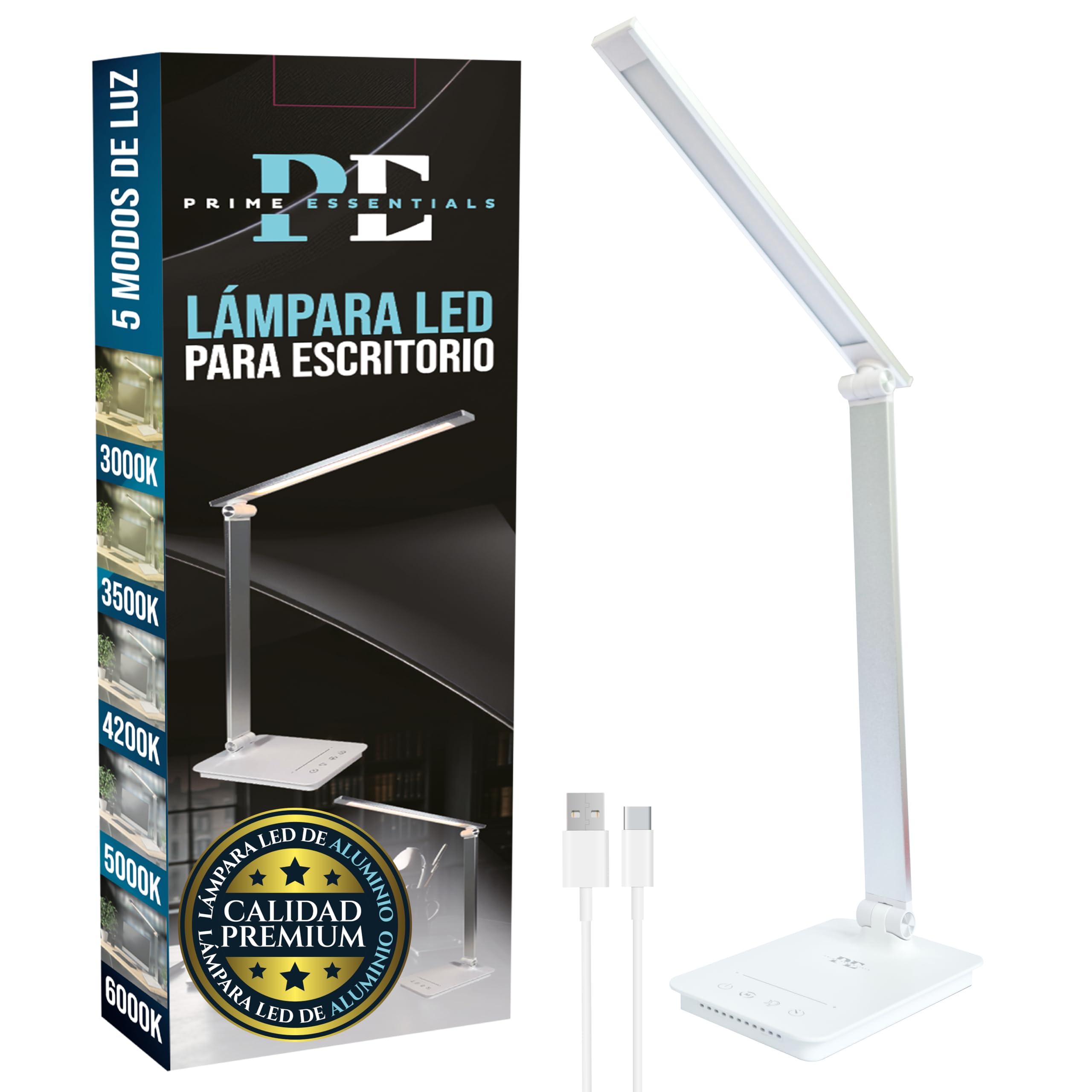 PRIME ESSENTIALS® Flexo LED escritorio I 5 Modos Luz 10 Niveles de Brillo I Temporizador 30/60 min Función de Memoria I Lampara LED Para Oficina Mesa Escritorio I Candeeiro Secretaria I Color Plata.