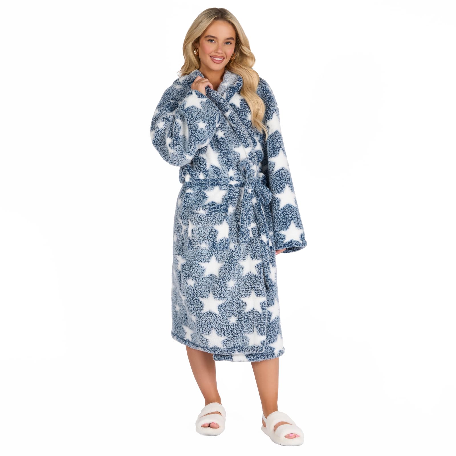 OHS Teddy Fleece Dressing Gown - Marl Heart Star Print - Ladies Long Sleeve Cosy Loungewear Robe - Dark Navy - One Size
