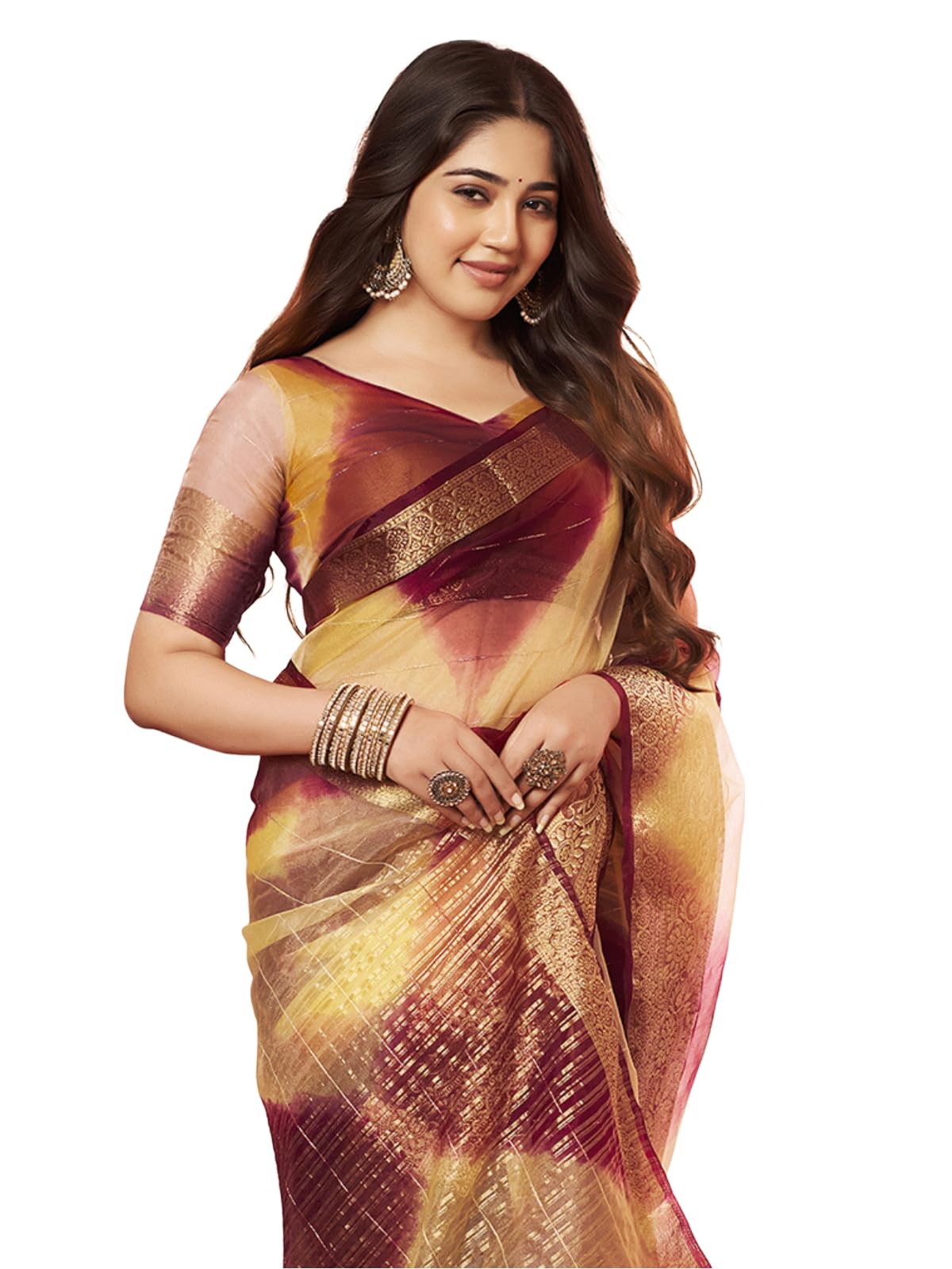 Satrani Women's Organza Printed Zari Woven Jacquard Zari Stripe Saree With Unstitched Blouse Piece (3644S430N_Yellow & Maroon)