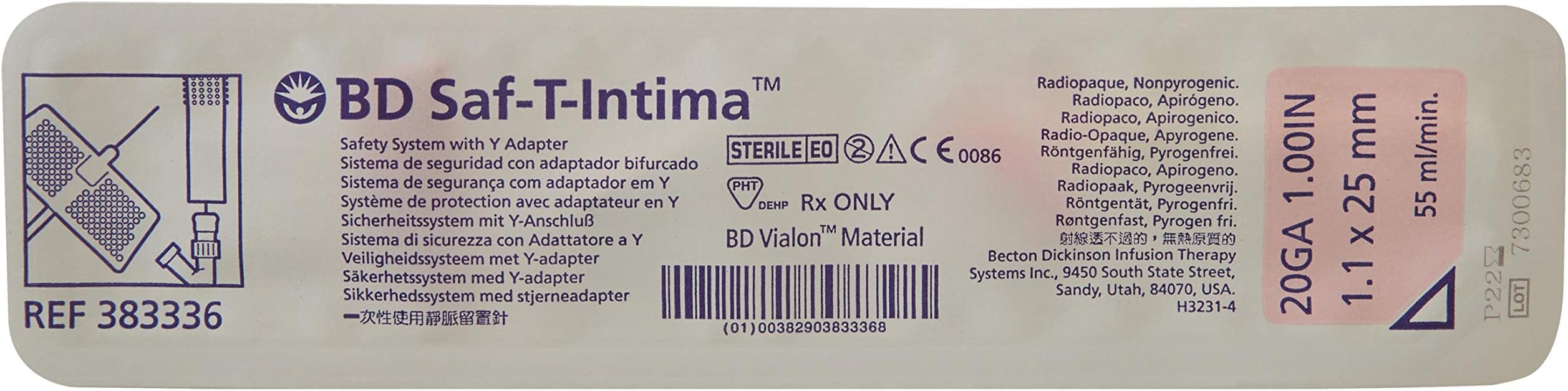 Medical Systems 383336 Saf-T-Intima IV Catheter Safety System, Y Adapter and Needle Shield, 20 Gauge x 1.00" Size, Vialon Biomaterial (Box of 25)