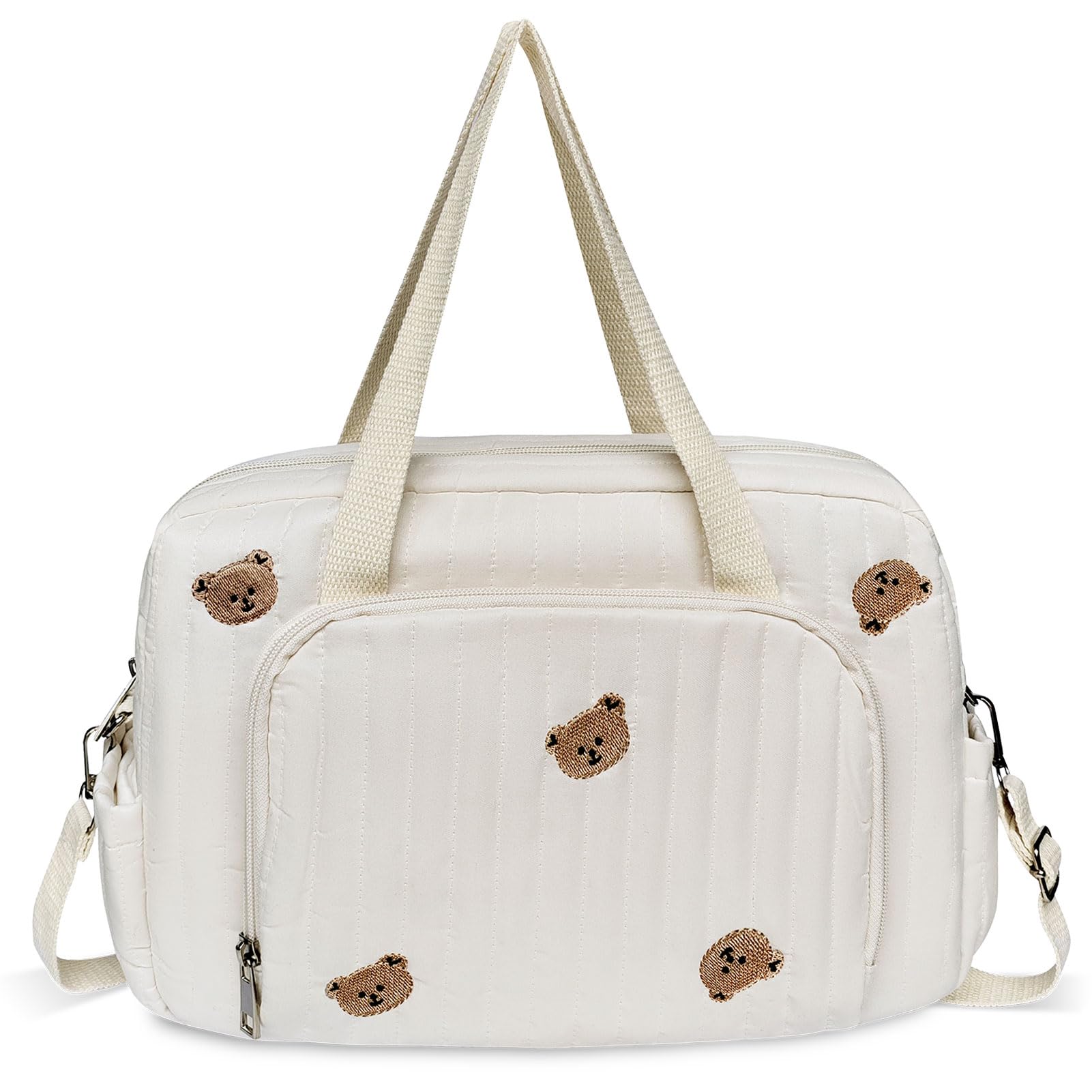 QualfsTerric Baby Nappy Changing Bag Cotton Quilted Diaper Bag with Adjustable Strap Cute Bear Diaper Bag Multi Pocket Mum Bag for Travel, Hospital, Stroller