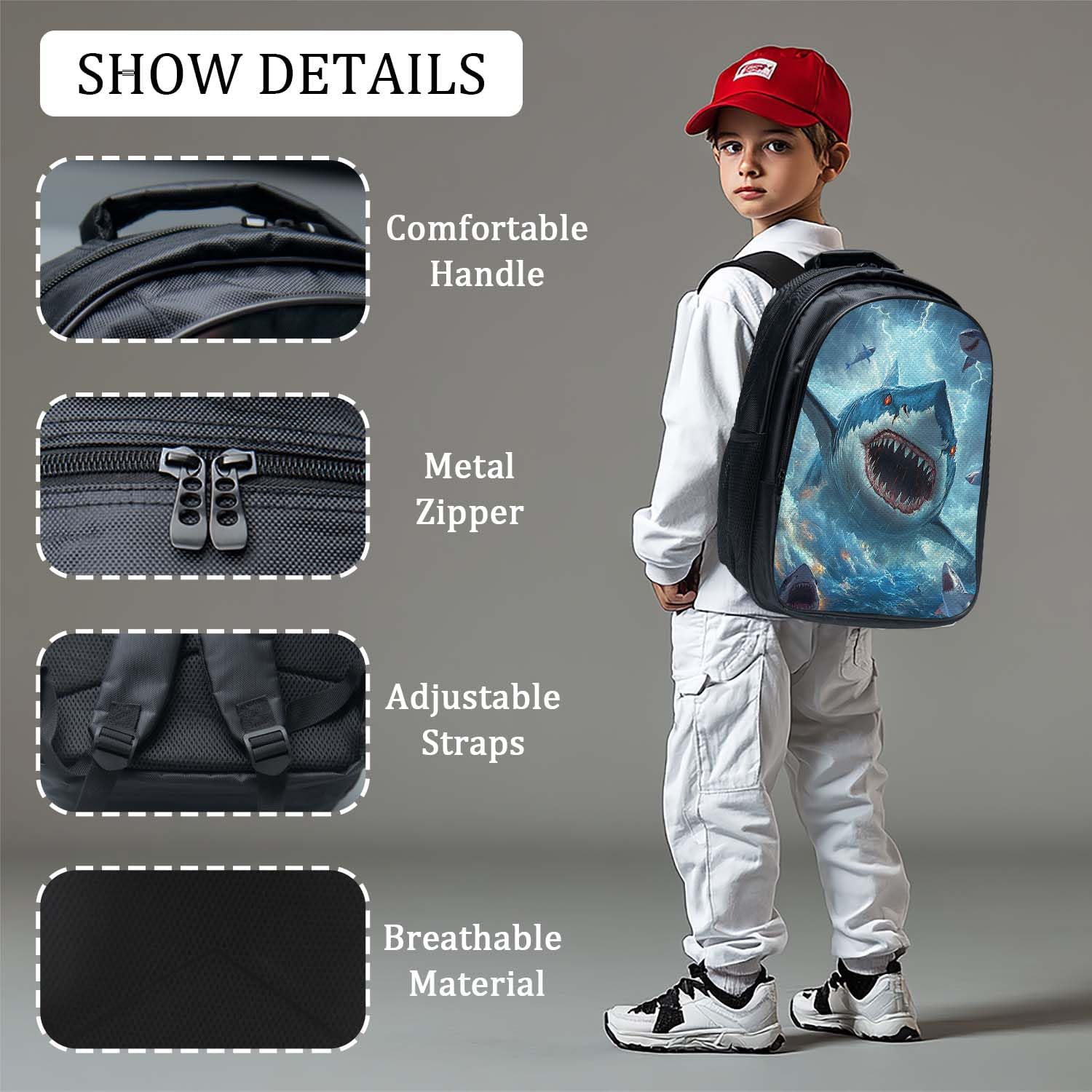 Shark Backpack 3PCS 16" Preschool Elementary Schoolbag with Lunch Box Pencil Case Bookbag Set for Girls Boys Kids Children Teens School Students - Image 8
