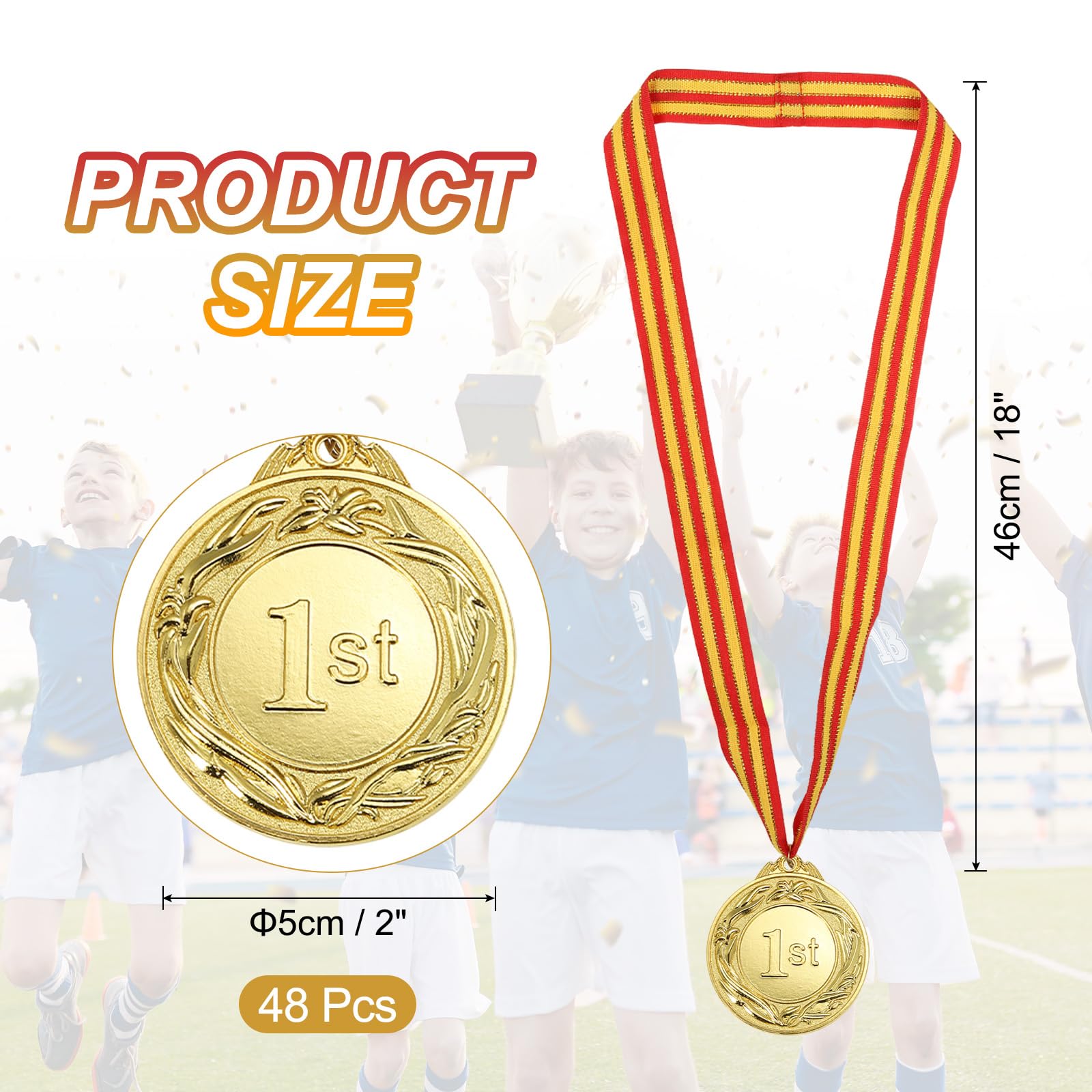 sourcing map Medaglie premio da 5 cm, medaglie d'oro in metallo per vincitori, 1° posto con nastro per collo, per giochi sportivi di squadra, competizioni, bomboniere, 48 pezzi