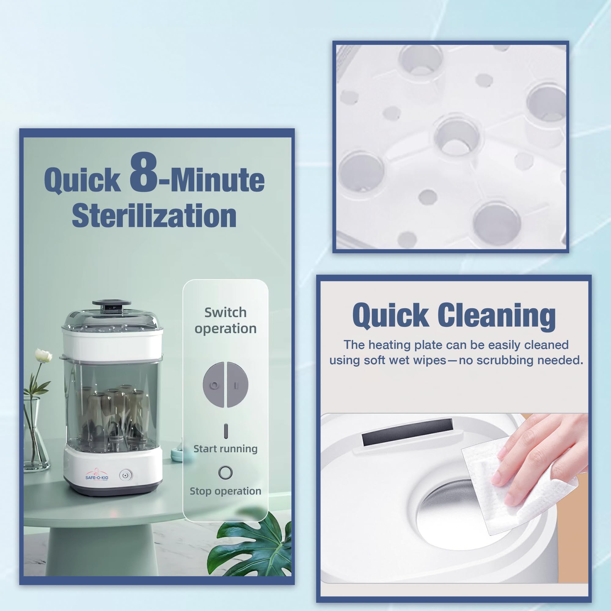 Safe-O-Kid® 5-Bottle Advanced Steam Sterilizer with Bottle Cleaning Set | Large Capacity, Auto Shut-Off, BPA-Free | Sterilizes Bottles, Accessories, Breast Pumps, Teats | 1-Year Warranty | Eliminates 99.9999% Germs with Uniform Heat Technology – White - Image 7 thumbnail