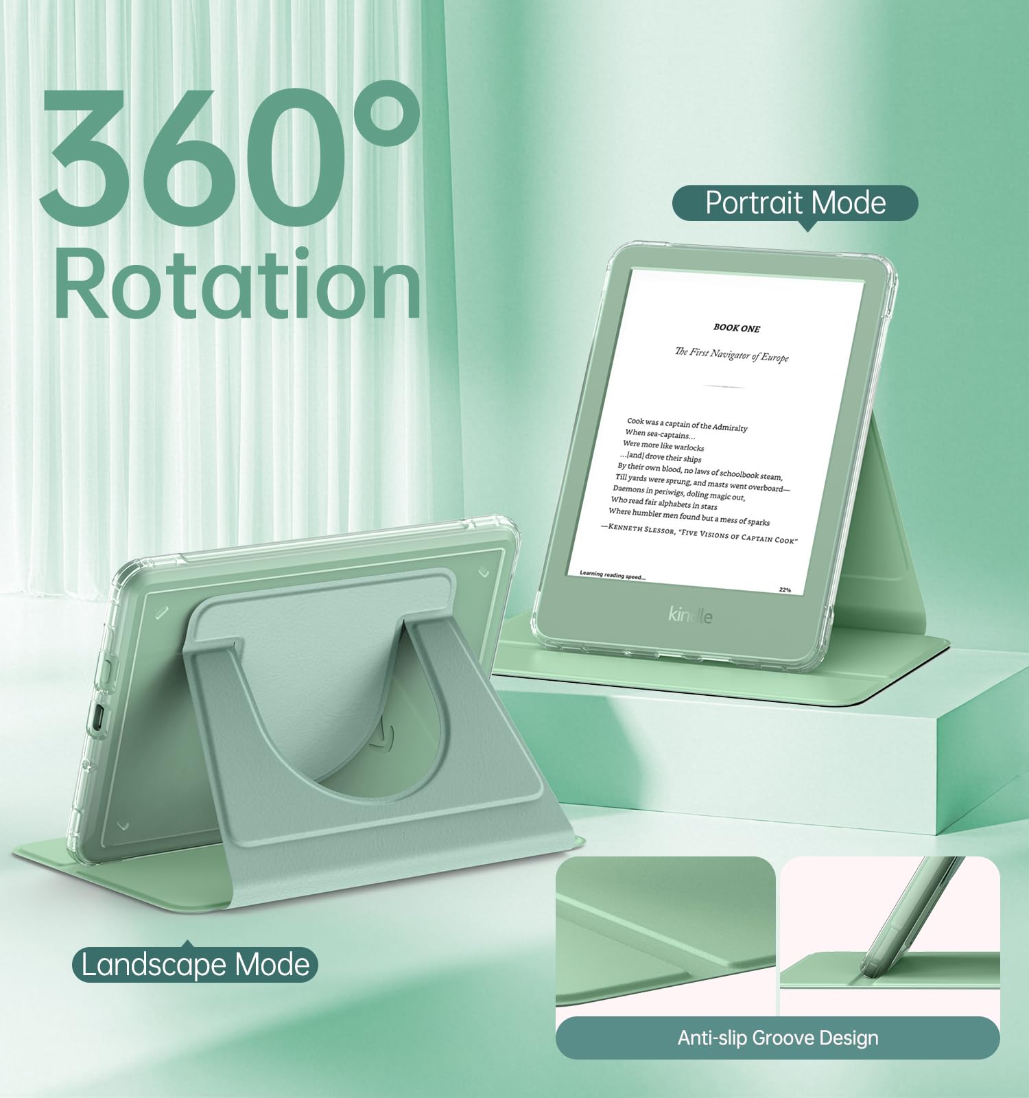 MoKo 360° Rotating Case for 6" All-New Kindle (11th Generation-2024/2022 Release), Clear Back Detachable Magnetic Protective Adjustable Stand Cover with Auto Wake/Sleep, Agave Green - 4