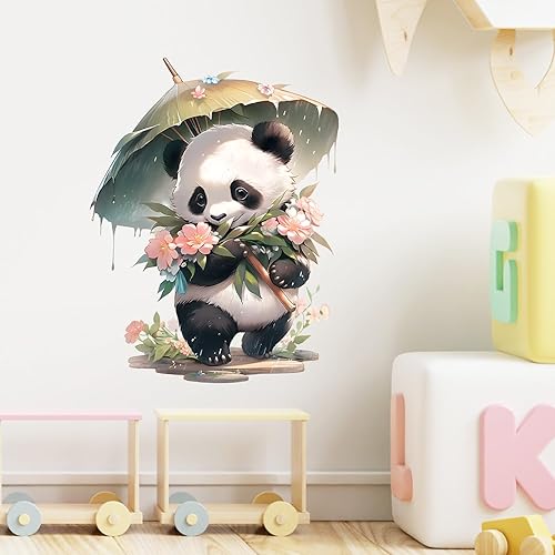 Miniatura 3 de RoyoLam Calcomanías de pared de panda y bambú con paraguas y flores, calcomanías de pared de animales para niños, removibles, despegar y pegar, arte