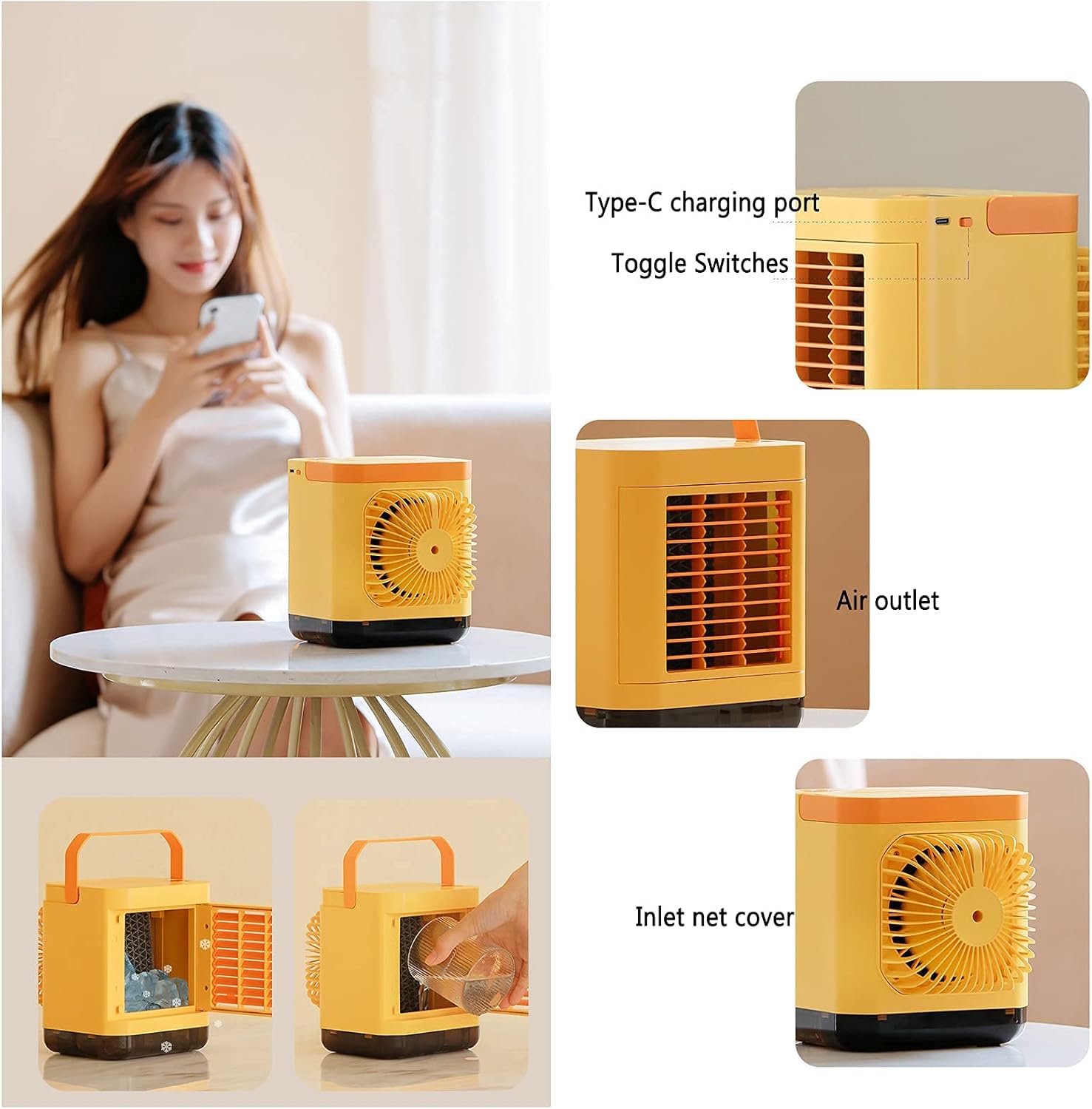 Mobile Air Conditioner, Mini Portable Quiet Air Cooler Rechargeable 2000mAh Cooling Fan with 3 Speed Adjustment AC Personal Evaporative Cooler for Home (B)