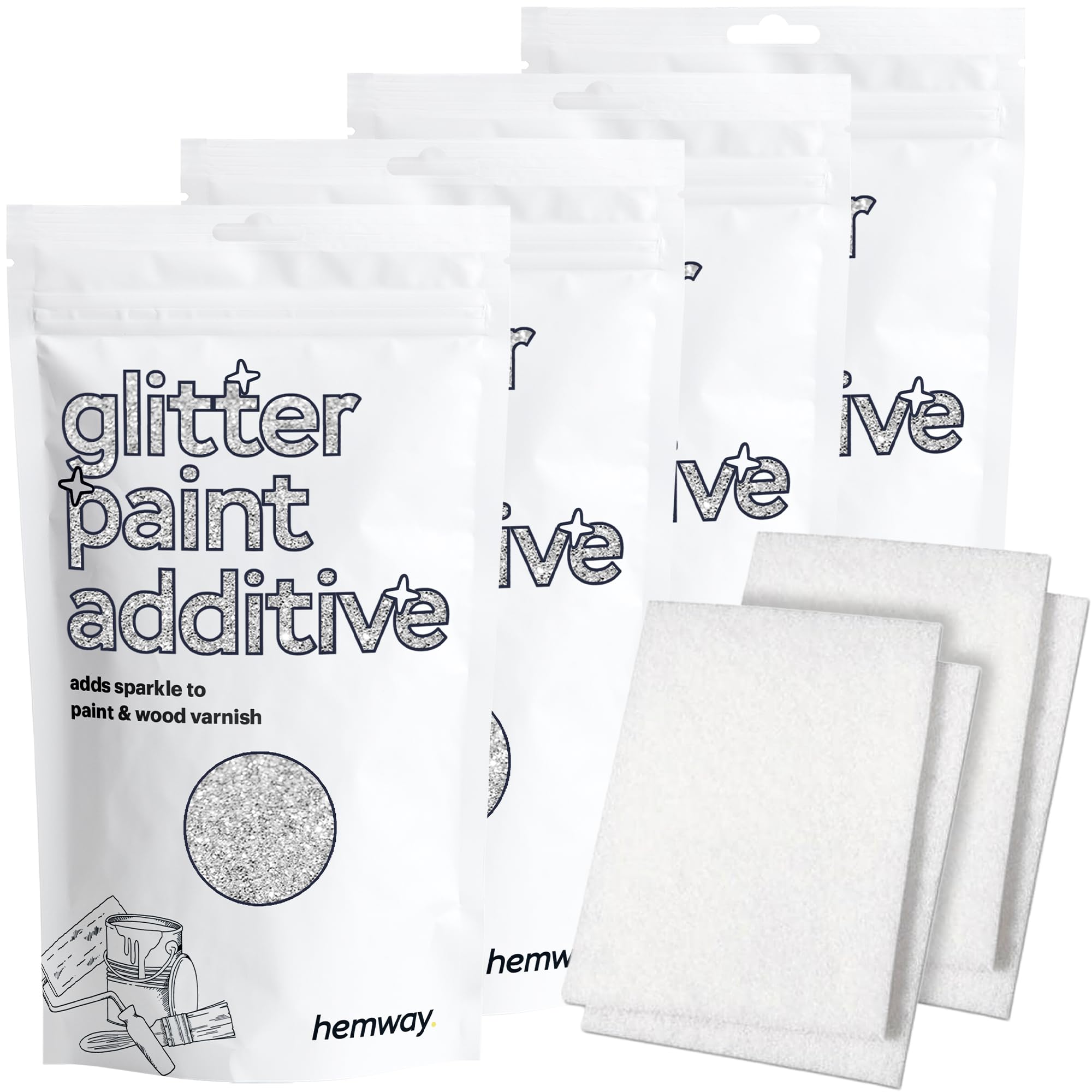 Hemway Silver Glitter Paint Additive 400g with 4X Buffing Pads for Adding Sparkle to Paints & Varnish | Paint Walls Sparkly Add to Emulsion, Acrylic or Lacquer Indoor