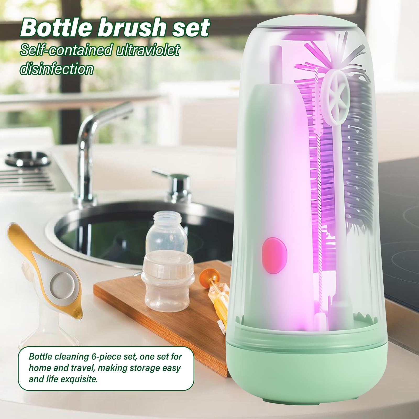 Lot de brosses à biberons de voyage pour bébé, brosse électrique, 2 modes, rechargeable, portable, avec stérilisateur UV pour biberons, tire-lait et tétine (vert)