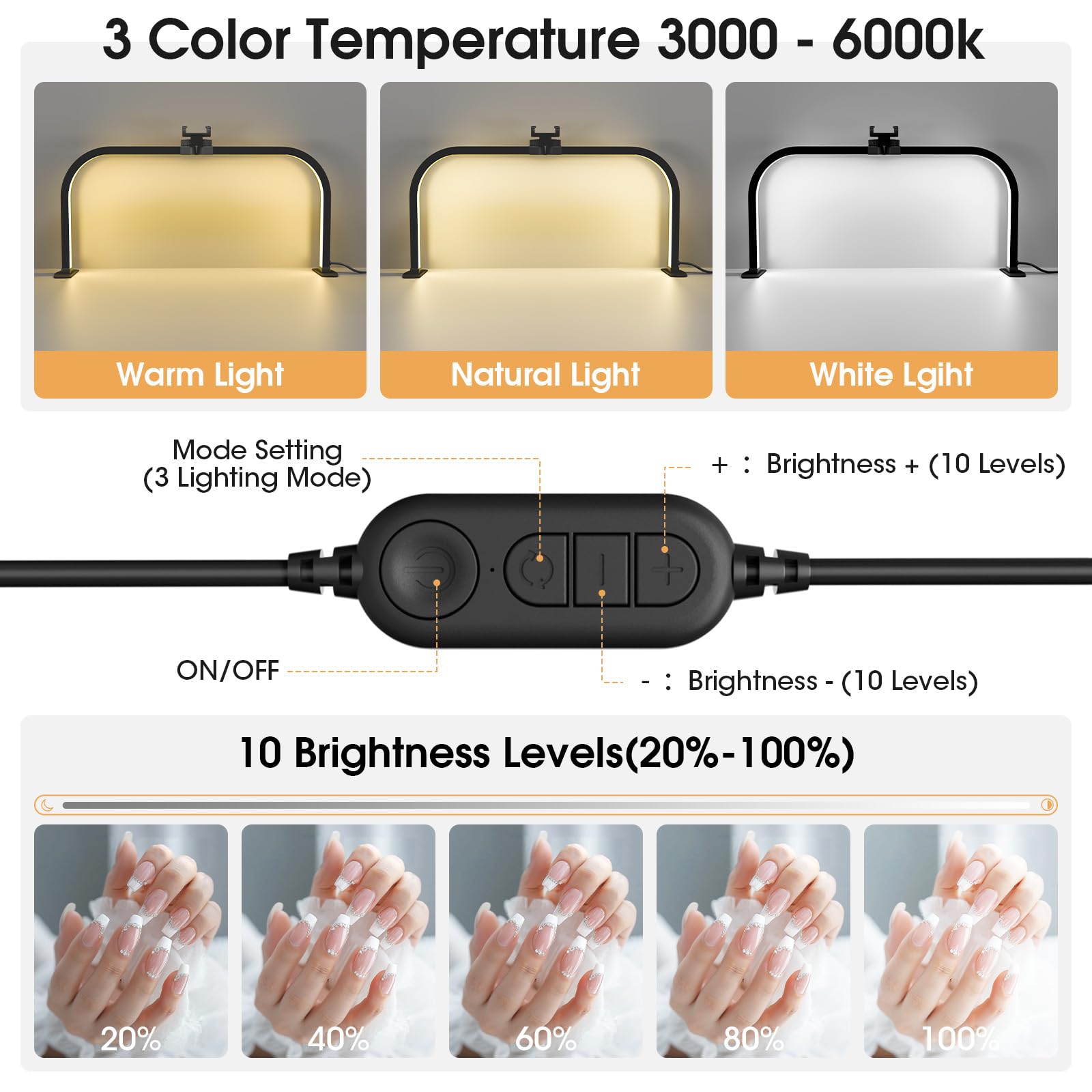 Lampa w kształcie półksiężyca, 70 cm, z uchwytem na telefon, 40 W, składana lampa kosmetyczna z 3 trybami kolorystycznymi, 10 jasności, 3000-6000 K, ściemniana lampa LED do paznokci, rzęs, tatuażu