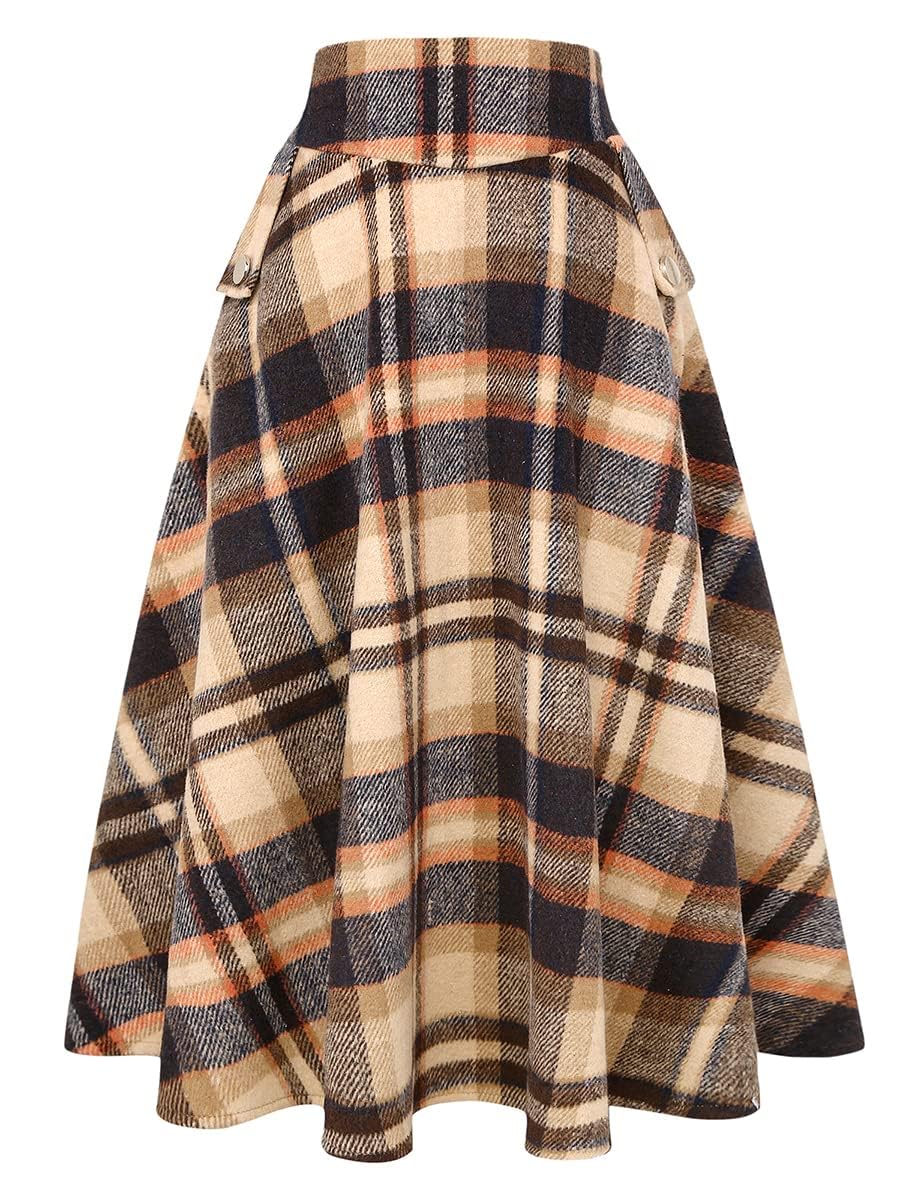 IDEALSANXUN Womens Fall Winter High Waisted Wool Plaid A-line Long Skirt