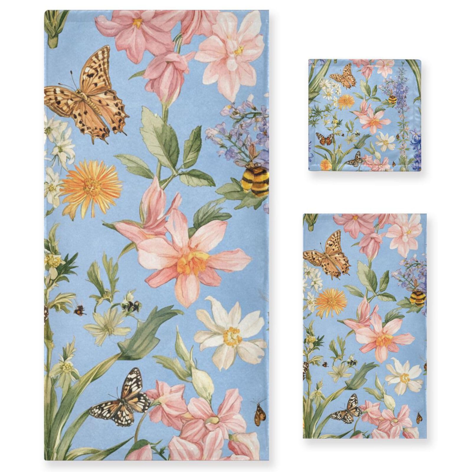 Fiori d'Autunno Giacinti Bellflower Farfalle Api Blu _ 1 Set di 3 Asciugamani Decorativi Viso Set 3 Pezzi, 1 Asciugamano da Bagno 1 Asciugamano 1 Asciugamano per Cucina Bagno Yoga Palestra