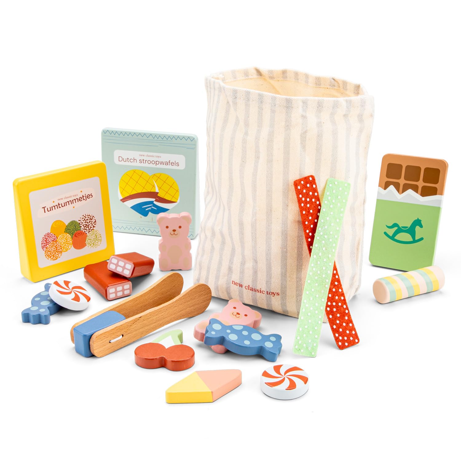 Woet Wooden Candy Play Food Set – FSC Pretend Role Play Sweets & Chocolates for Kids 3+ – Educational Fine Motor Skill Toys with Storage Bag – Gift for Boys and Girls