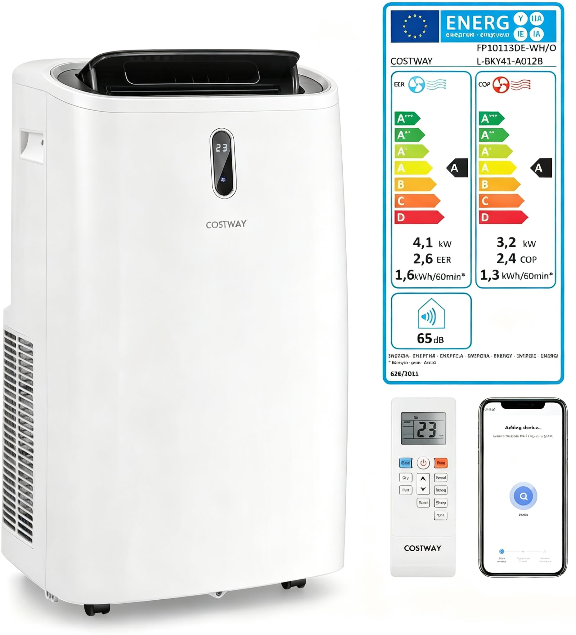 COSTWAY 14000BTU Klimagerät mit Abluftschlauch 4100W | Klimaanlage 5 in 1 Kühlen, Heizen, Entfeuchten, Schlafmodus für Räume bis zu 135 m³, Fernbedienung/App, 24H Timer