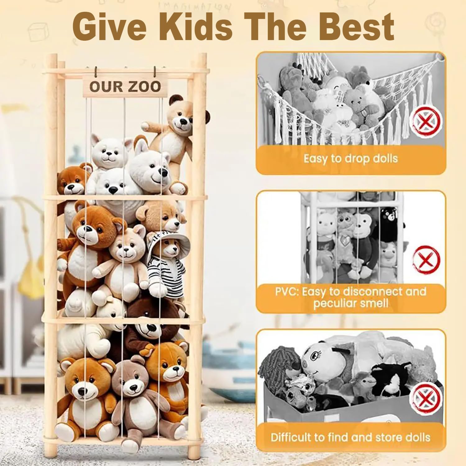 Rangement Peluche Chambre Enfant，Range Peluche en Bois Gain de Place，Organisateur de Rangement Gain de Place pour Jouets pour Chambre d'enfant, Salle de Jeux