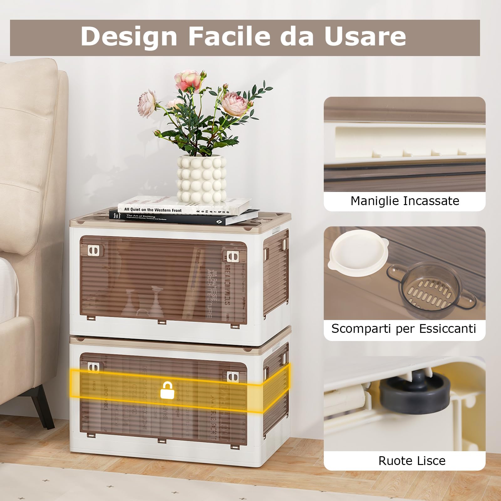 COSTWAY Set di 3 Contenitori Impilabili con Coperchi, Contenitori Pieghevoli in Plastica 132/90 L, Organizzatore con Ruote per Camera da Letto Soggiorno e Cucina (51,5x36,5x88cm)