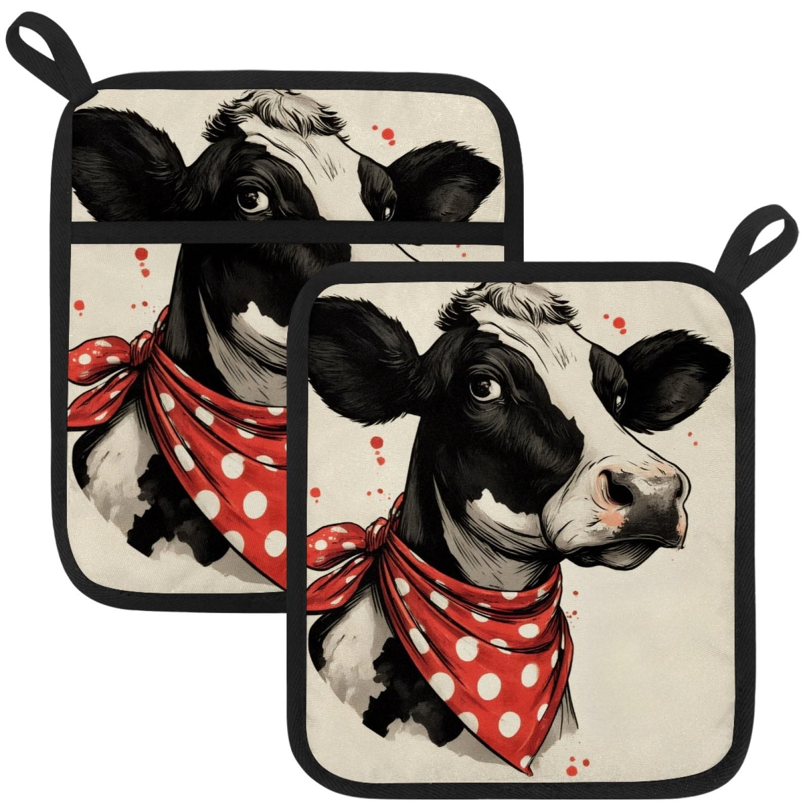 VAPOKF Cow Pot Holders with Pocket for Kitchen Heat Resistant Potholders Large Polyester-Cotton Square Oven Mitts Set
