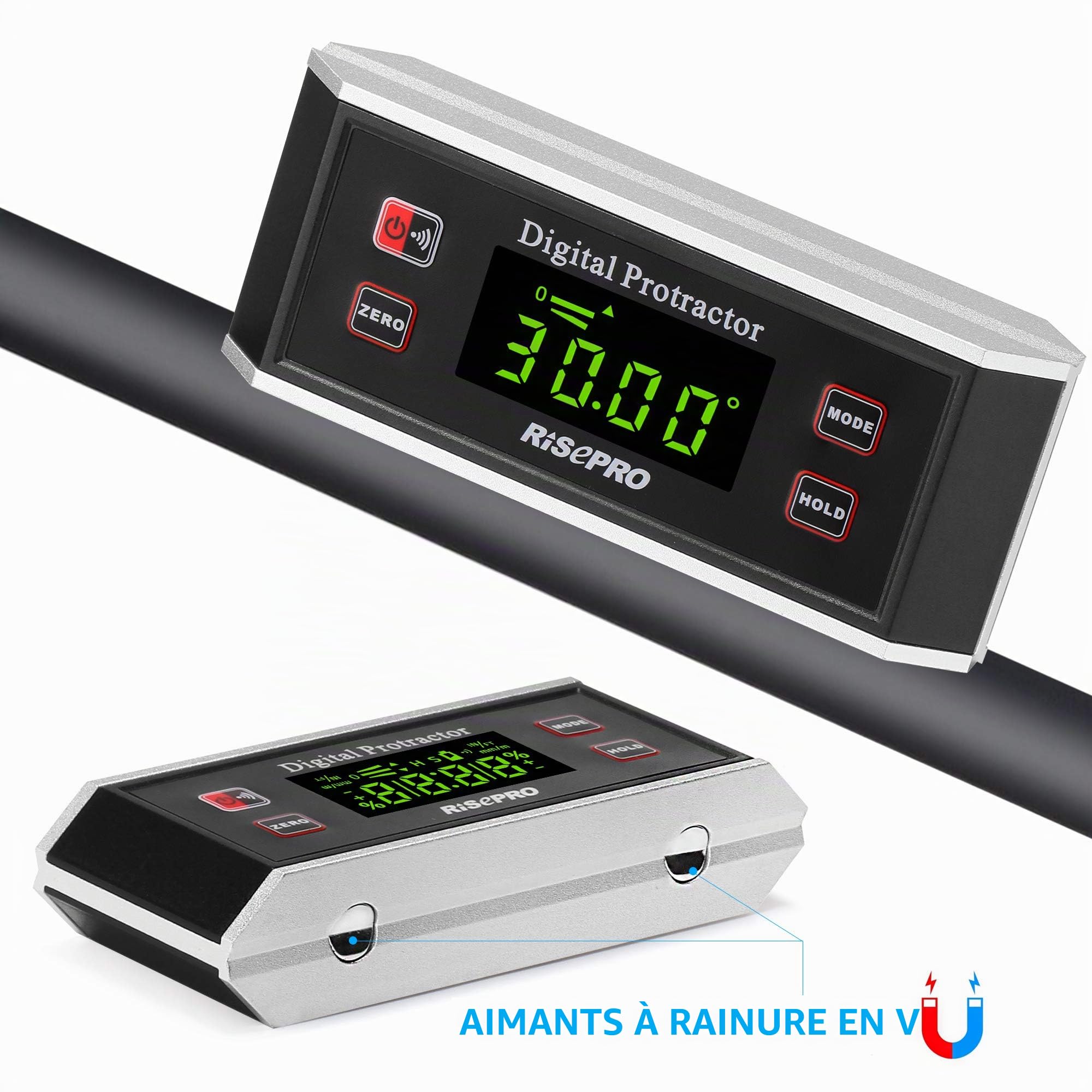 inclinomètre, Risepro® Digital Rapporteur Angle Finder Niveau inclinomètre magnétique rainure en V 0~360 degrés avec rétroéclairage 82413b