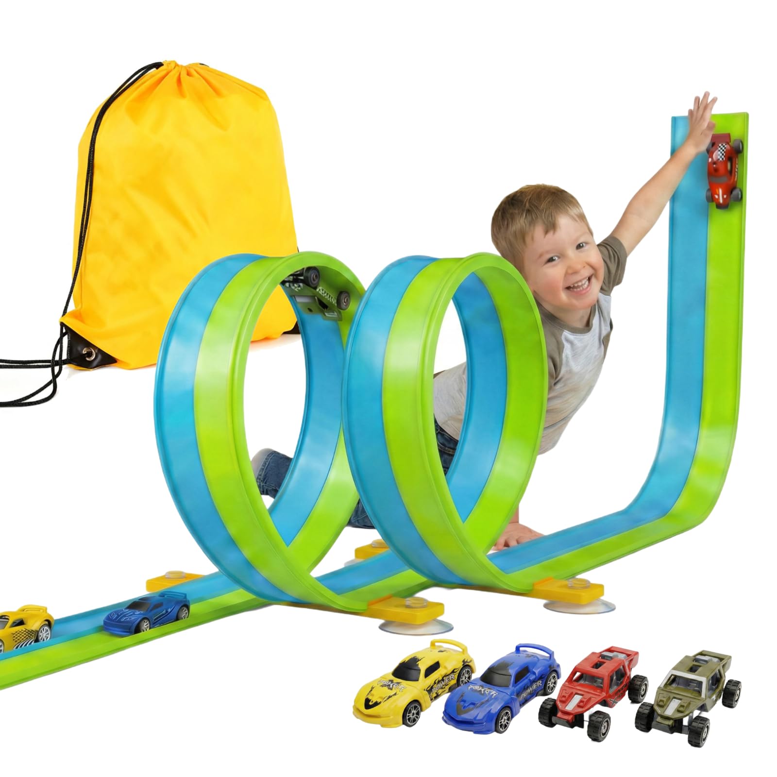 5M Flexible Autorennbahn Set mit 2 Loopings, 2-in-1 Rennbahn mit Autos & Tragtasche, Schwerkraft & Pull-Back Rennstrecke, Spielzeug für Kinder ab 3 4 5 6 Jahre, Geschenk für Indoor/Outdoor (Grün)