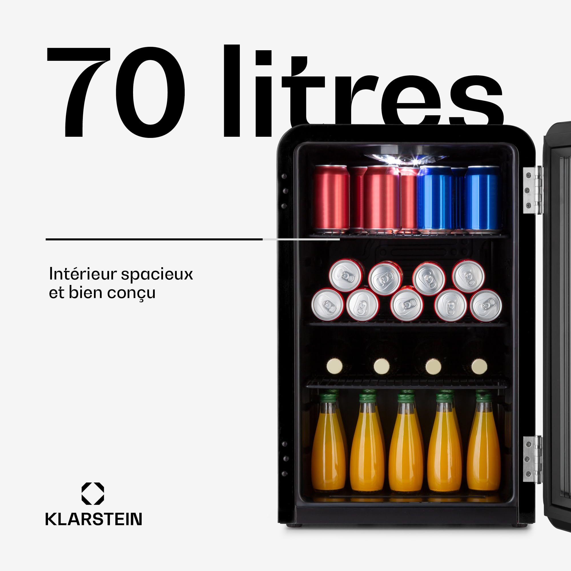 KLARSTEIN PopLife Refroidisseur de boissons - mini-bar, réfrigérateur rétro, 0-10°C, seulement 39 dB, 70 L, écologique, porte à double vitrage, design rétro, noir