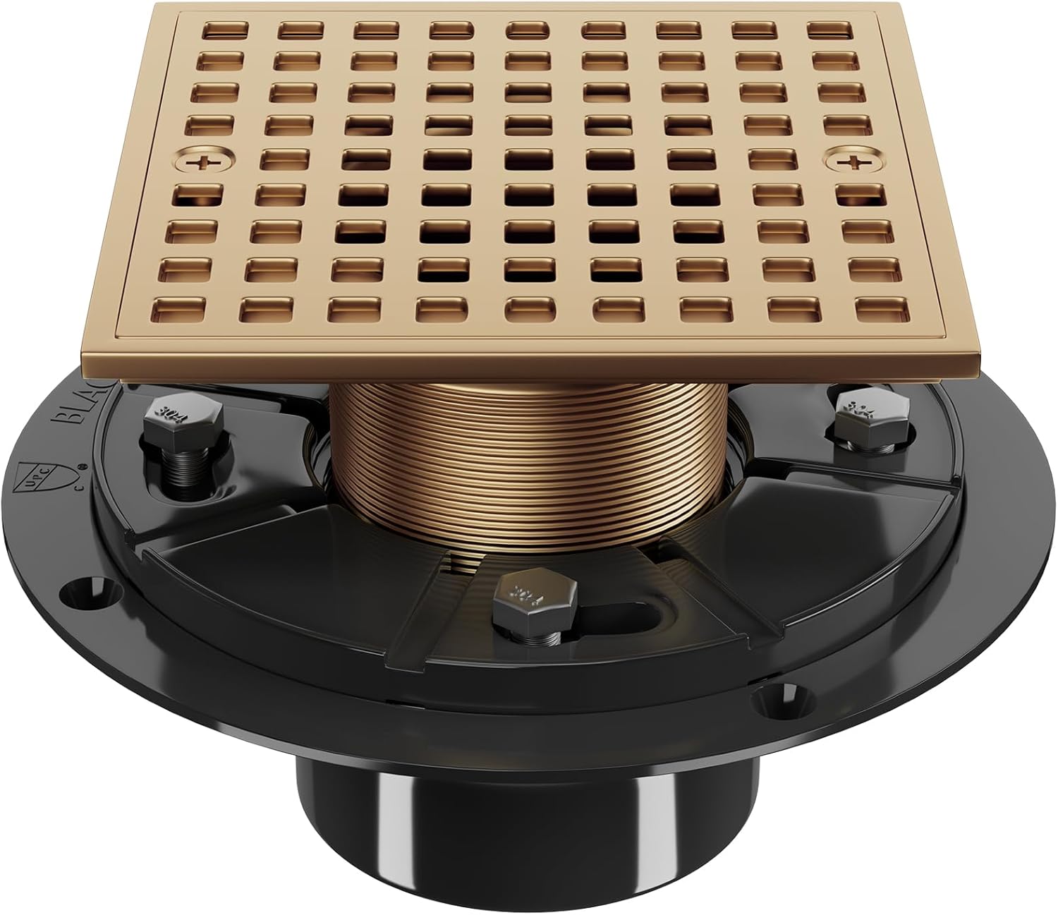 4 Inch Champagne Bronze Shower Drain- Square Shower Floor Drain Kit with ABS Flange-Removable Grid Strainer Cover - SUS304 Stainless Steel Floor Drain Kit