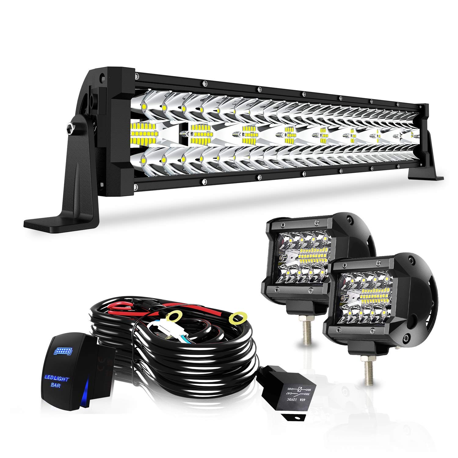 22 Inch LED Light Bar T-Former Triple Row 450W Flood Spot Combo Beam Off Road Lights 2pc 4inch 60W Spot Driving Fog Lights with Rocker Switch Harness Wiring for Trucks ATV UTV Jeep Boat Pickup