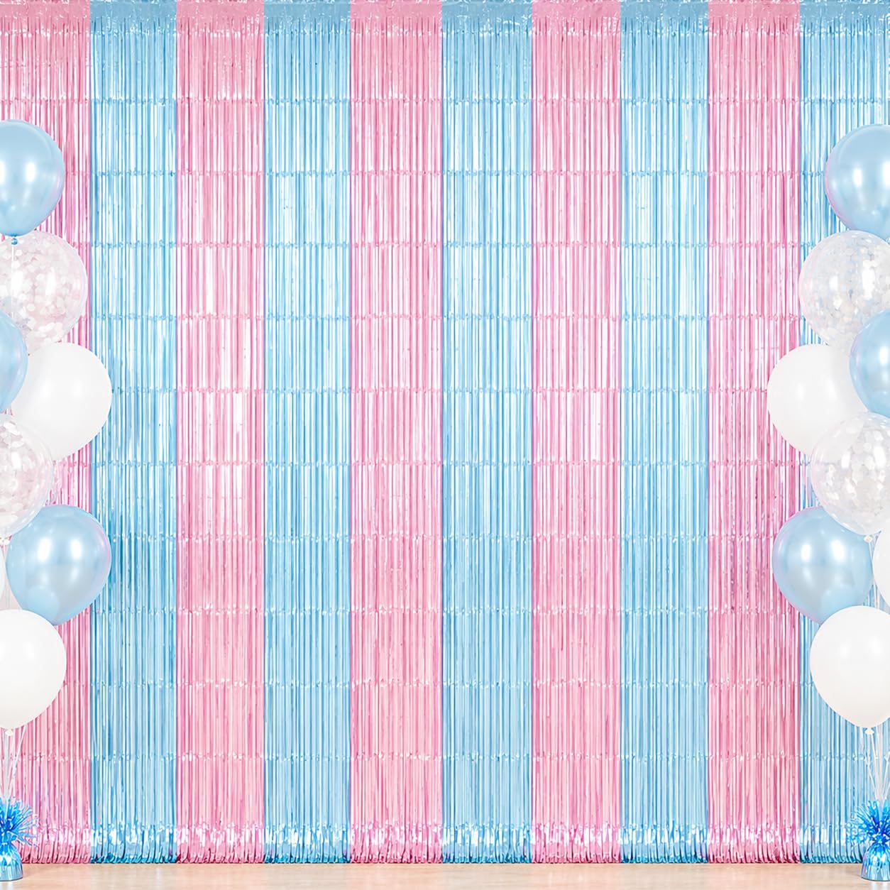 TONIFUL 2 Pcs Pink and Blue Metallic Tinsel Foil Fringe Curtains Streamers | 3.3ftx6.6ft Photo Booth Backdrop Door Streamer, Props for Bachelorette Birthday Wedding Gender Reveal Party Decorations