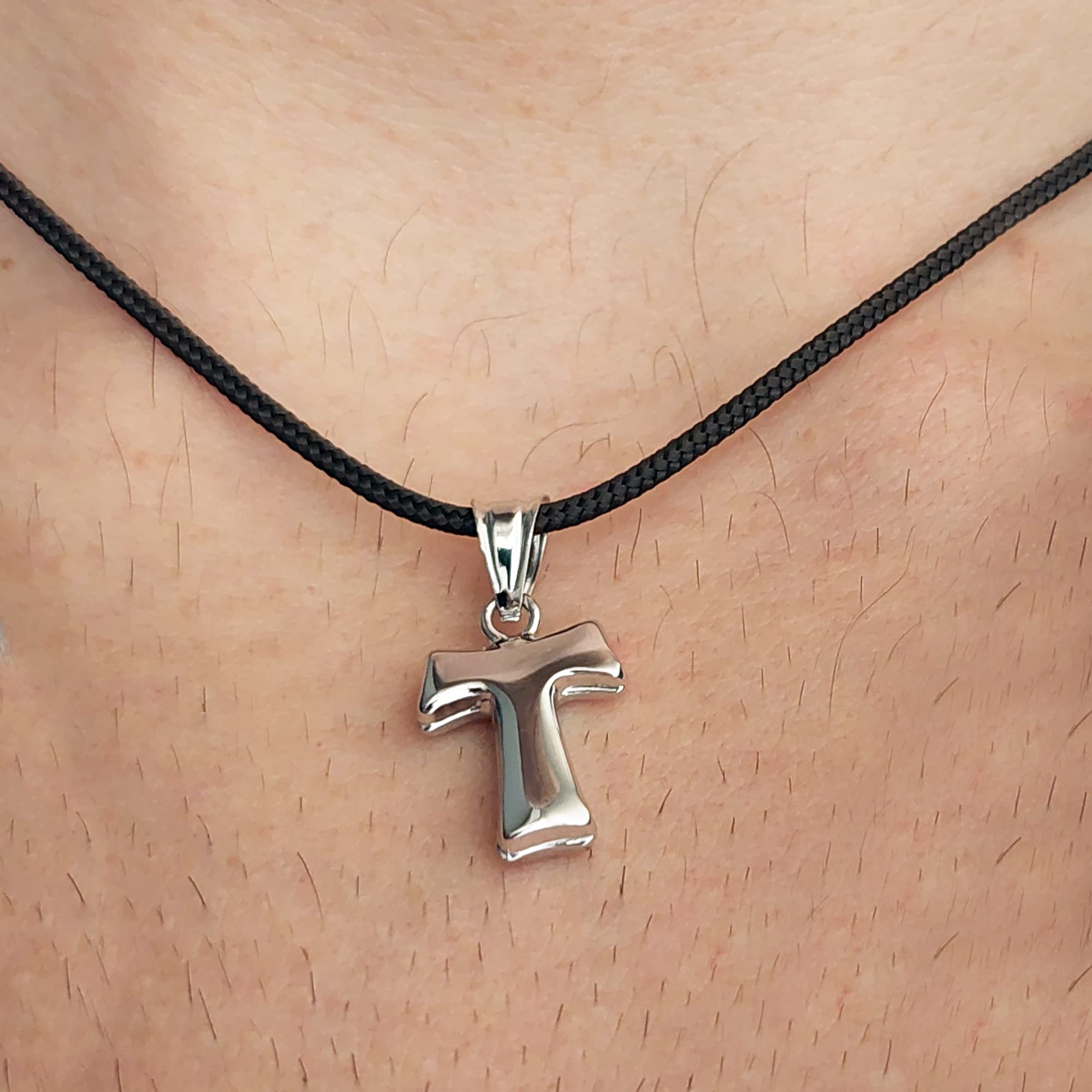 Gioielli Aurum Collana Croce Tau Tao in Argento 925 con Cordino Nero, Ciondolo Religioso Unisex Uomo Donna