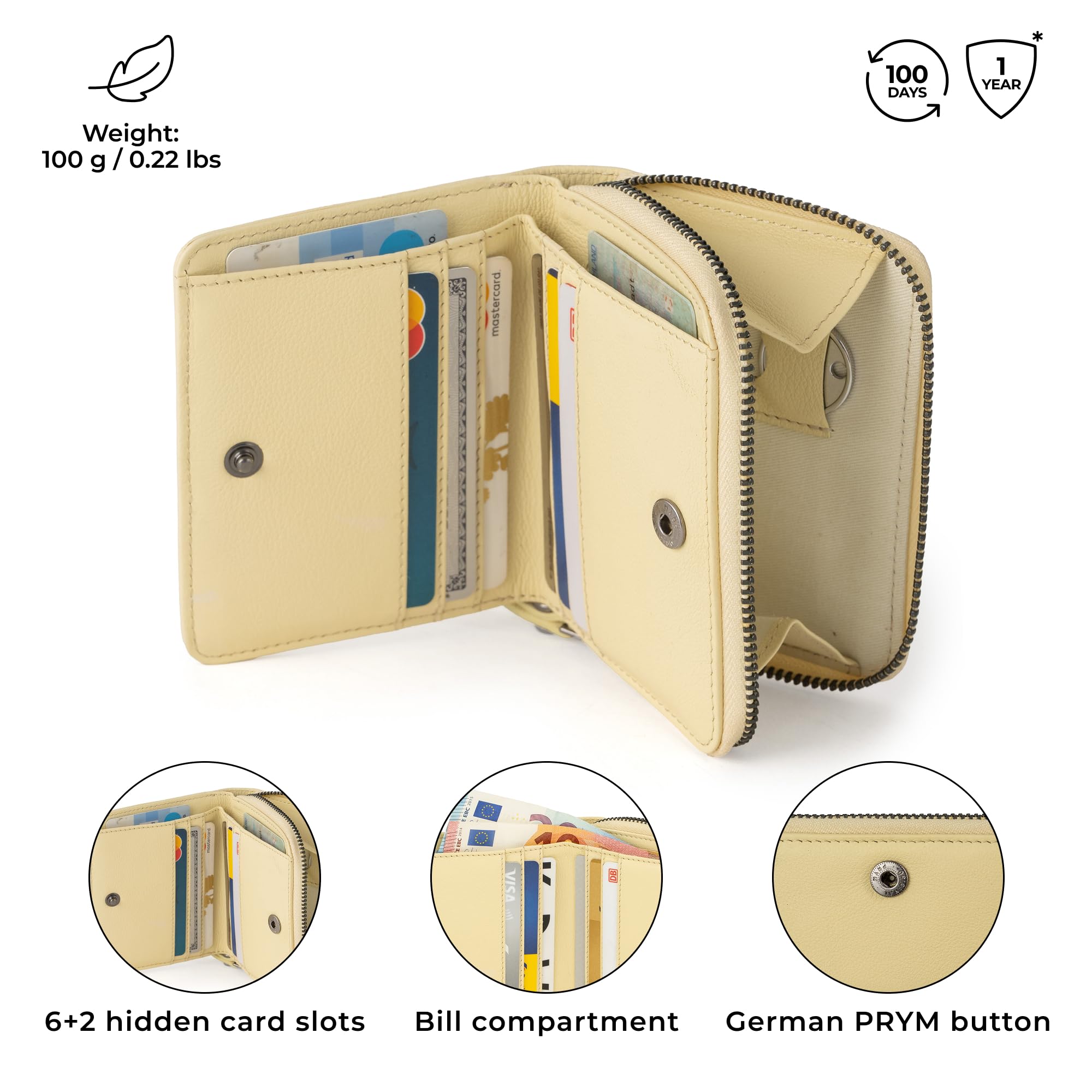 Berliner Bags Portafoglio Donna Sara in Vera Pelle Pieno Fiore, Compatto con Zip e Portamonete, Protezione RFID, 8 Carte – Amarillo