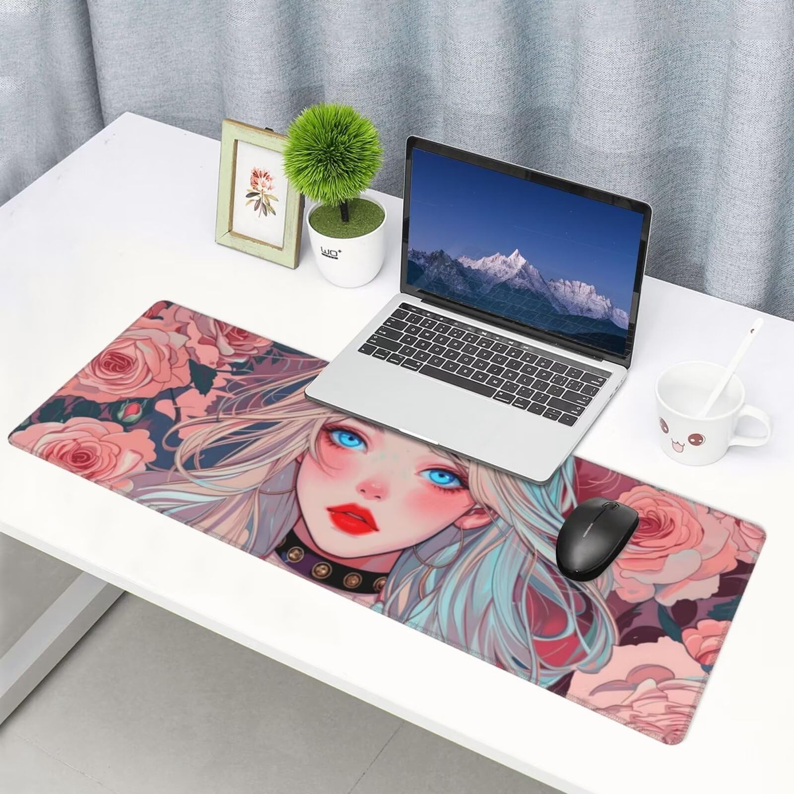 Tappetino Mouse, Tappetino Mouse Gaming Grande XXL 1500x800x3mm Tappetino Scrivania Mouse Pad, Base in Gomma Antiscivolo, Bordi Cuciti,Lavabile, Mousepad per Ufficio e Gaming (Rose Girl) R-484