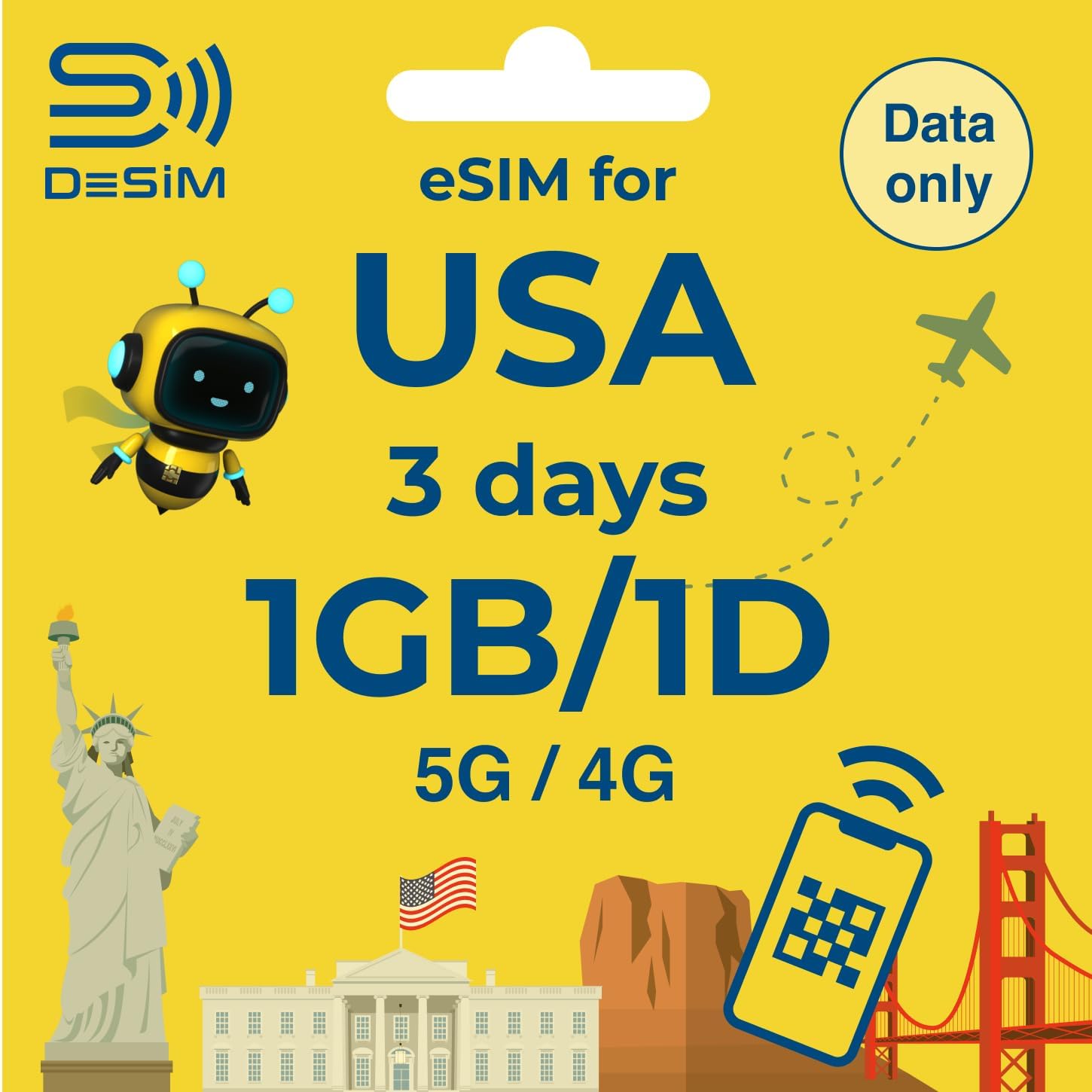 USA eSIM 3 Days 1GB/1Day | DeSiM | Data ONLY | High-Speed 1GB/1Day Data（3Days）, Multi-Network, QR Cord Easy Activation, Tethering, No Voice/SMS, Local Support, Prepaid SIM for Japan Travel eSIM