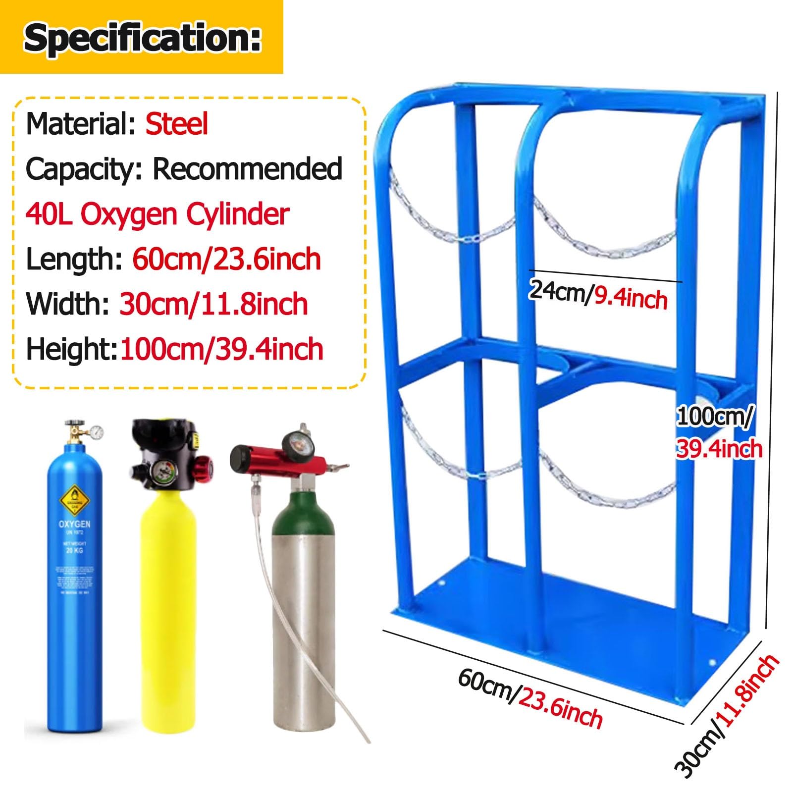 Soporte de 100 cm de Altura para bombonas de oxígeno y propano, con fijación al Suelo, Estante Fijo, Cadena Protectora y Tornillos. Ideal para hospitales y Laboratorios.